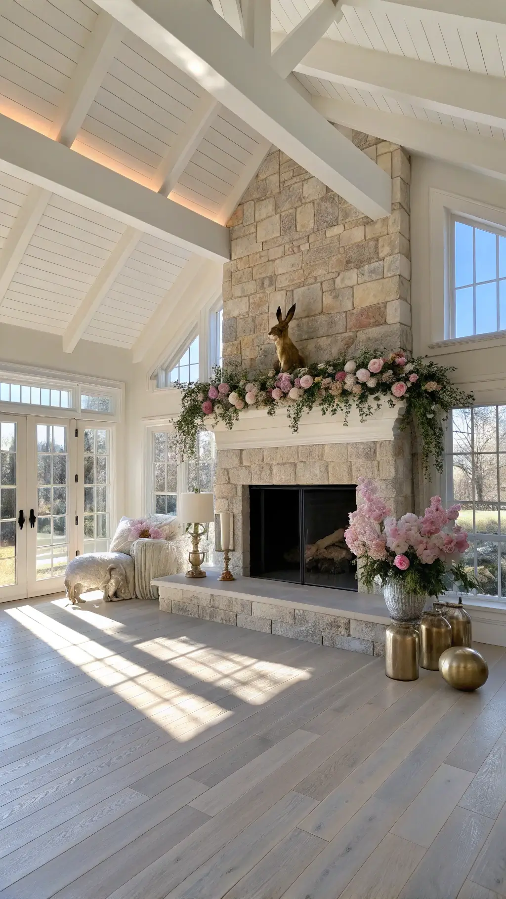 Golden-hour view of a spacious living room with vaulted ceiling, central limestone fireplace decorated with pastel flowers, rose gold bunny sculptures, vintage candlesticks, and whitewashed oak floors.