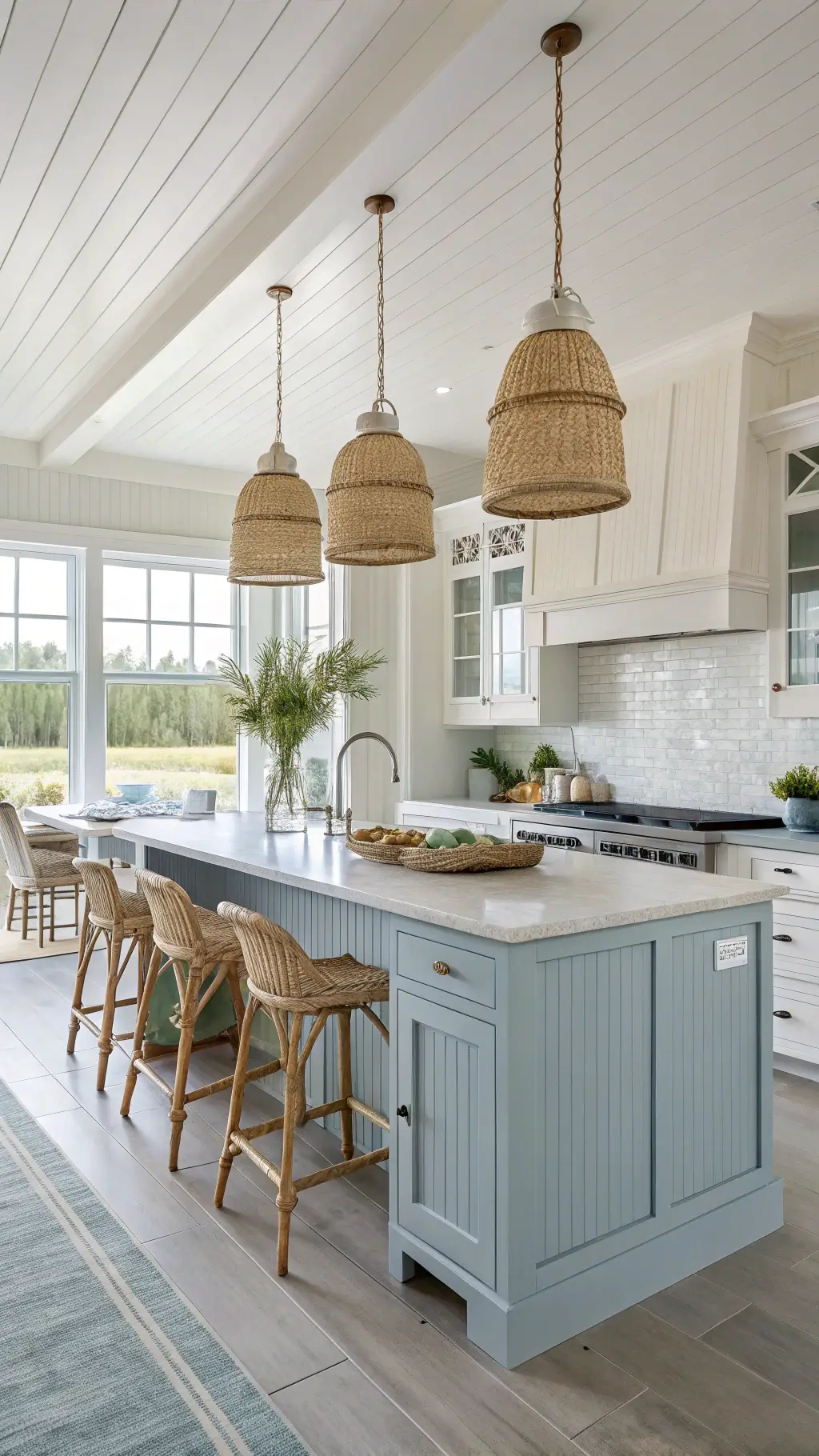 Bright and spacious coastal kitchen with off-white cabinets, honed limestone counters, and a blue-gray island topped with butcher block, accented by woven pendant lights and seagrass barstools. The room is filled with abundant natural midday light highlighting the shiplap detail, white ceramic collections, and fresh herbs.