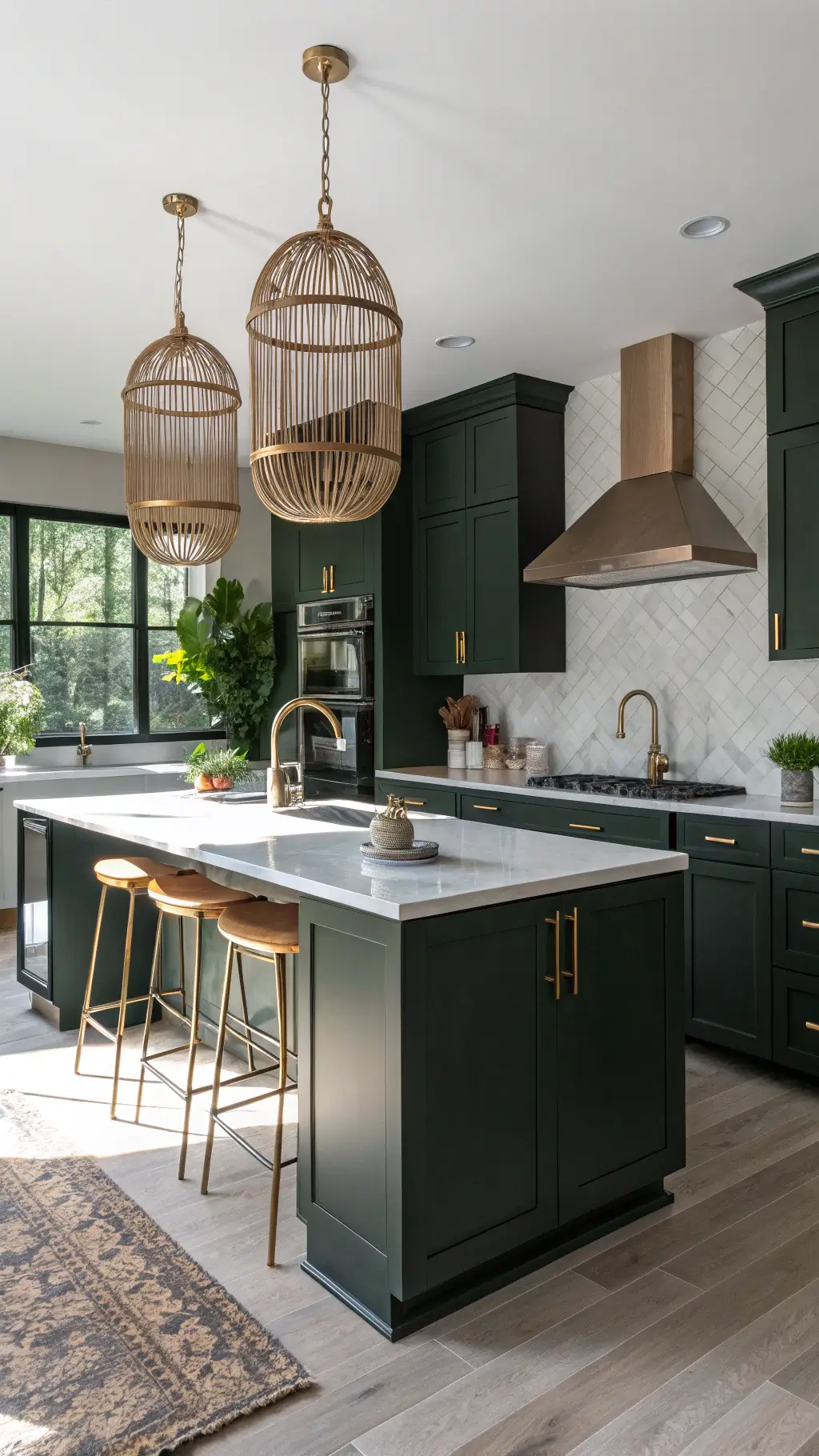 Sun-filled breakfast nook attached to a forest green kitchen with white quartz waterfall island, dark cabinets, mixed metallic finishes and a rattan pendant light, presenting casual elegance ambiance.