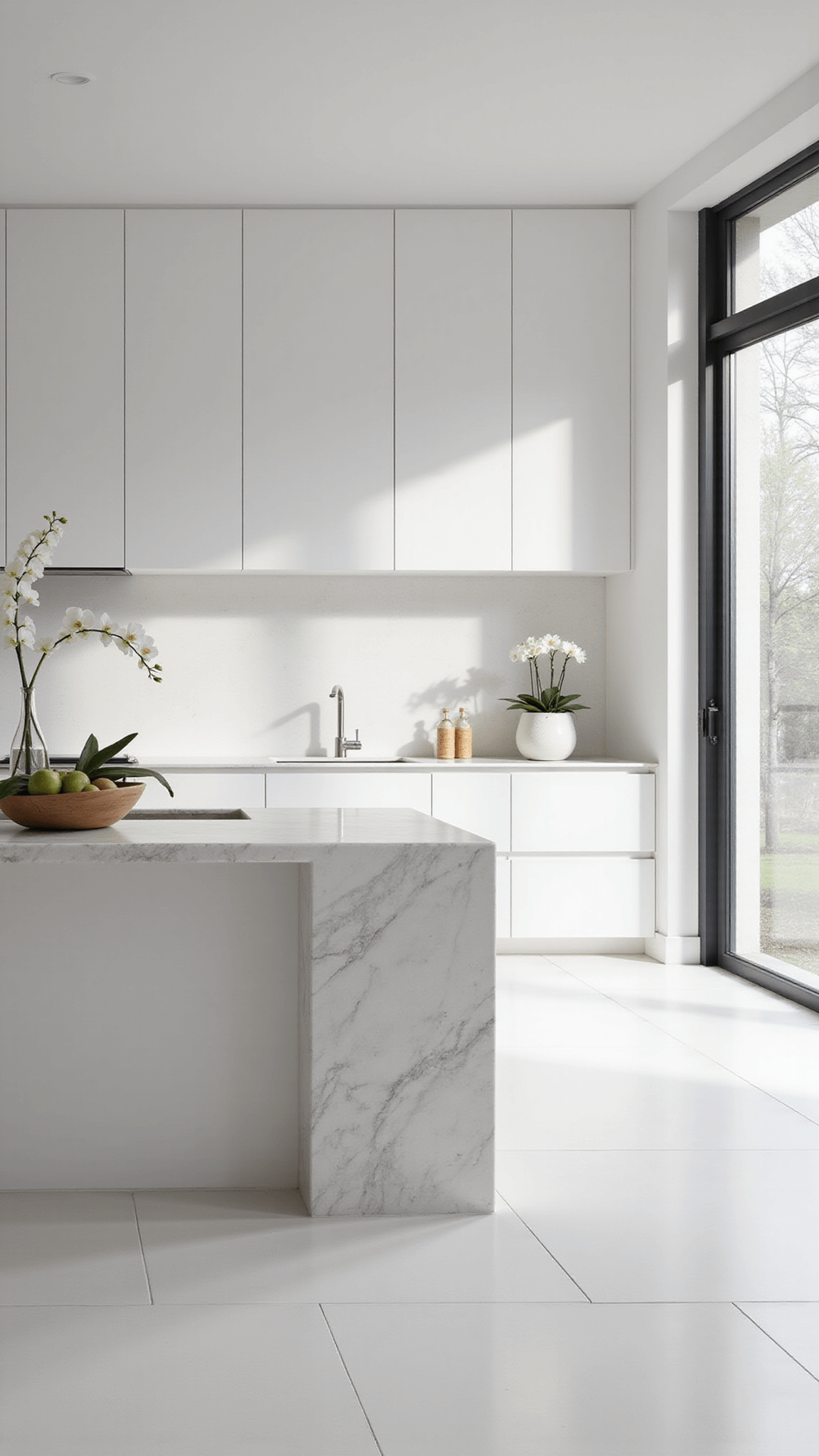 Overhead view of minimalist Scandinavian kitchen with white handleless cabinets, quartz waterfall island, matte porcelain tile flooring, and diffused light from frosted windows.