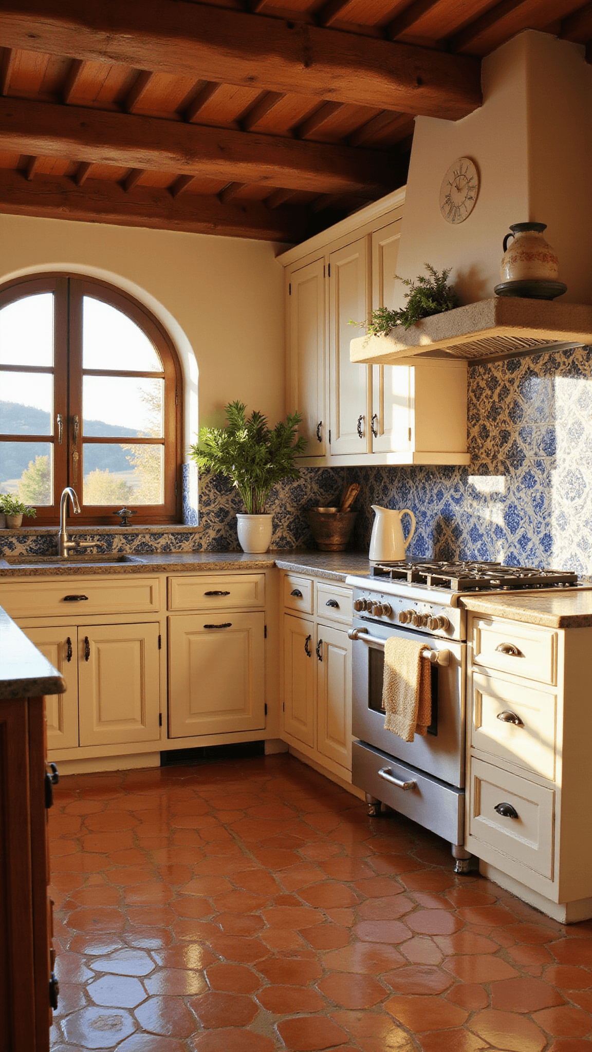 Mediterranean-style kitchen with terracotta hex tile floor, arched windows casting golden light, blue and white hand-painted tile accents, rustic wood beams, and warm decor with herbs and ceramics.