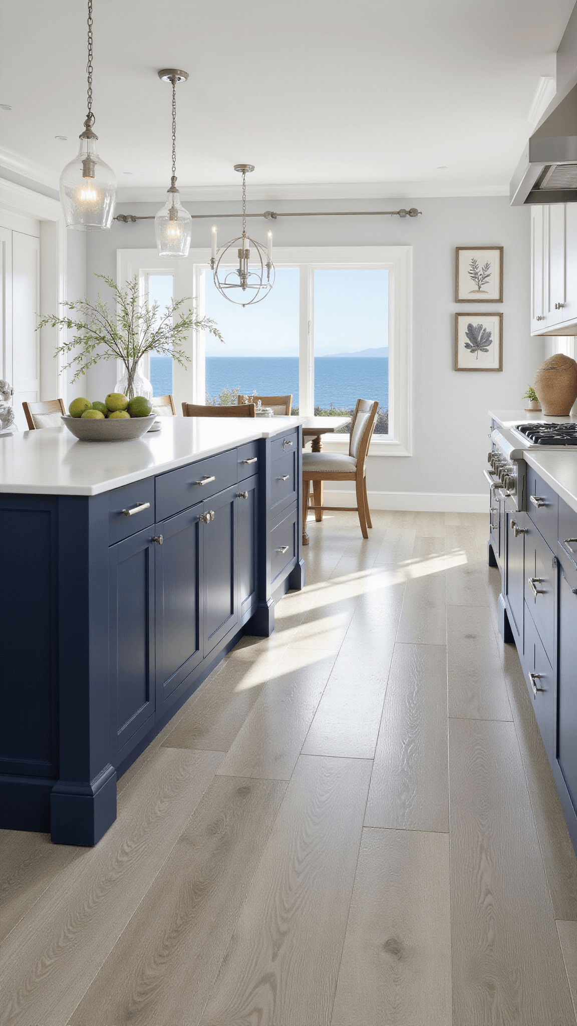 Contemporary coastal kitchen with navy island, wood-look porcelain tiles, white glossy cabinets, glass pendants, ocean view, and coastal decor accents.