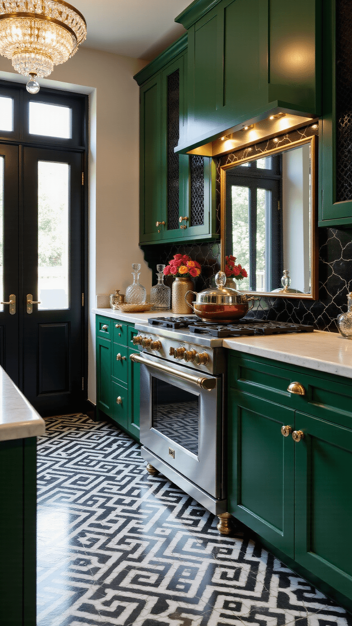 Low-angle view of an Art Deco kitchen with emerald green cabinets, black and white geometric marble-look porcelain tiles, brass hardware, crystal chandelier, mirrored backsplash, and dramatic evening lighting reflecting off luxe surfaces.