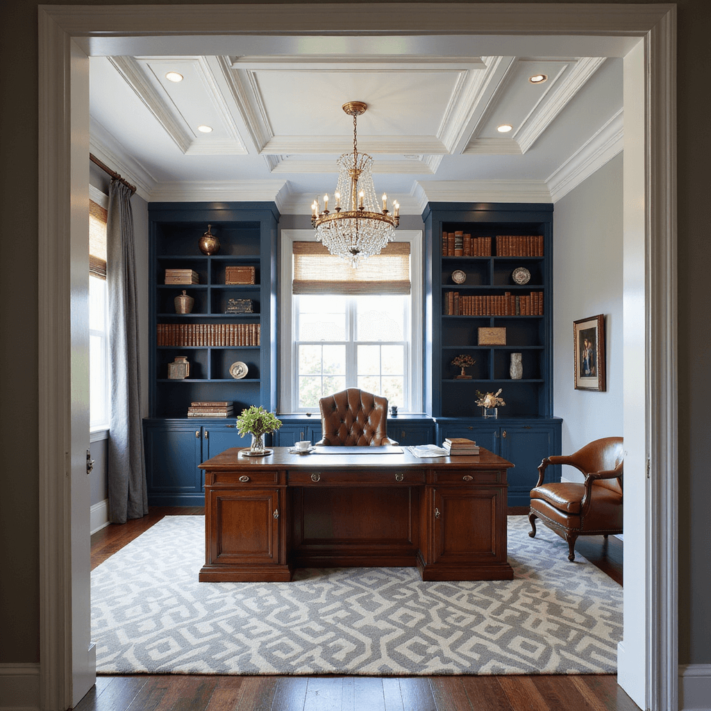 Elegant 15x18ft corporate home office with coffered ceilings, mahogany desk, navy built-ins, leather chair, crystal chandelier, and natural plus LED lighting.