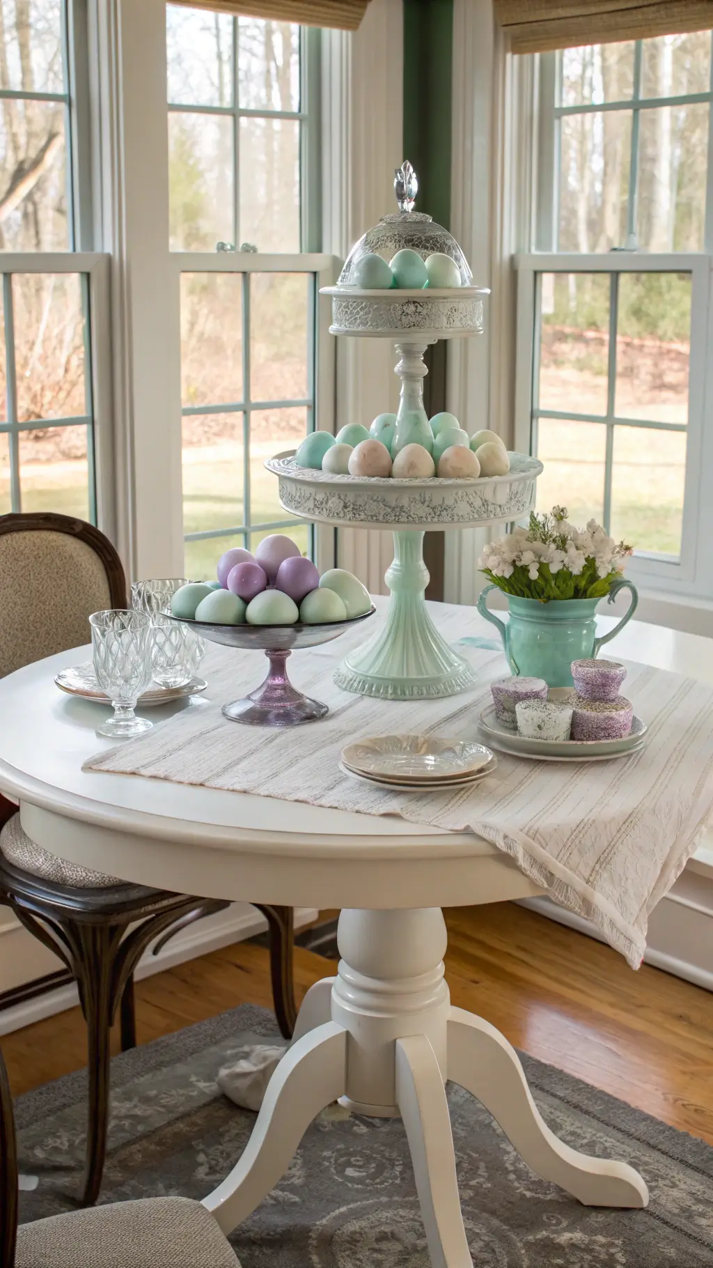 Mid-morning light highlighting weathered white table with tiered display of lavender and mint green hand-painted eggs in glass cloches, in a 16x18ft breakfast nook.