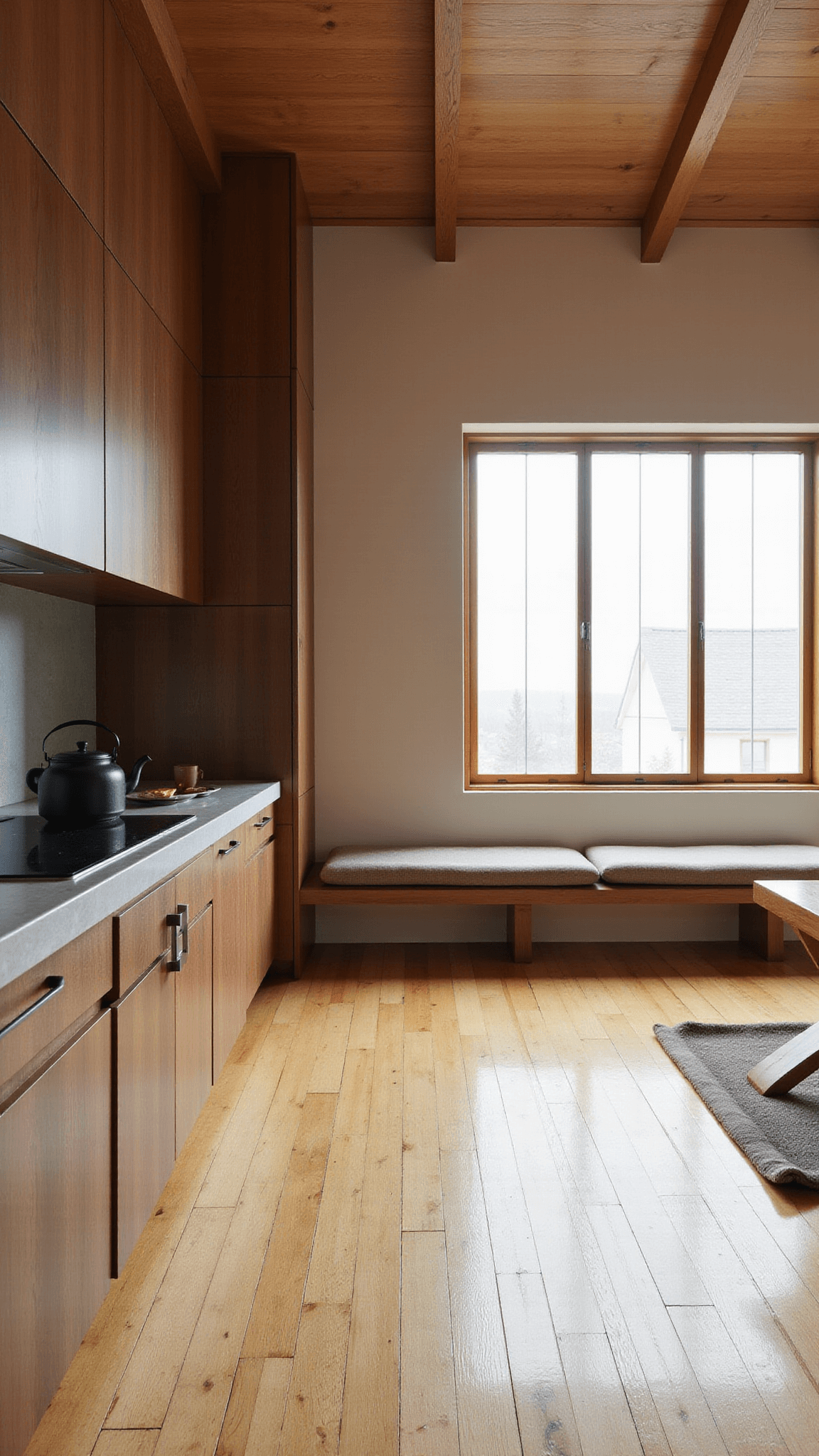 Japanese zen kitchen with light bamboo flooring in tatami pattern, floating walnut cabinets, stone waterfall counters, shoji-screened morning light, and minimal decor including an ikebana arrangement and cast iron teapot.