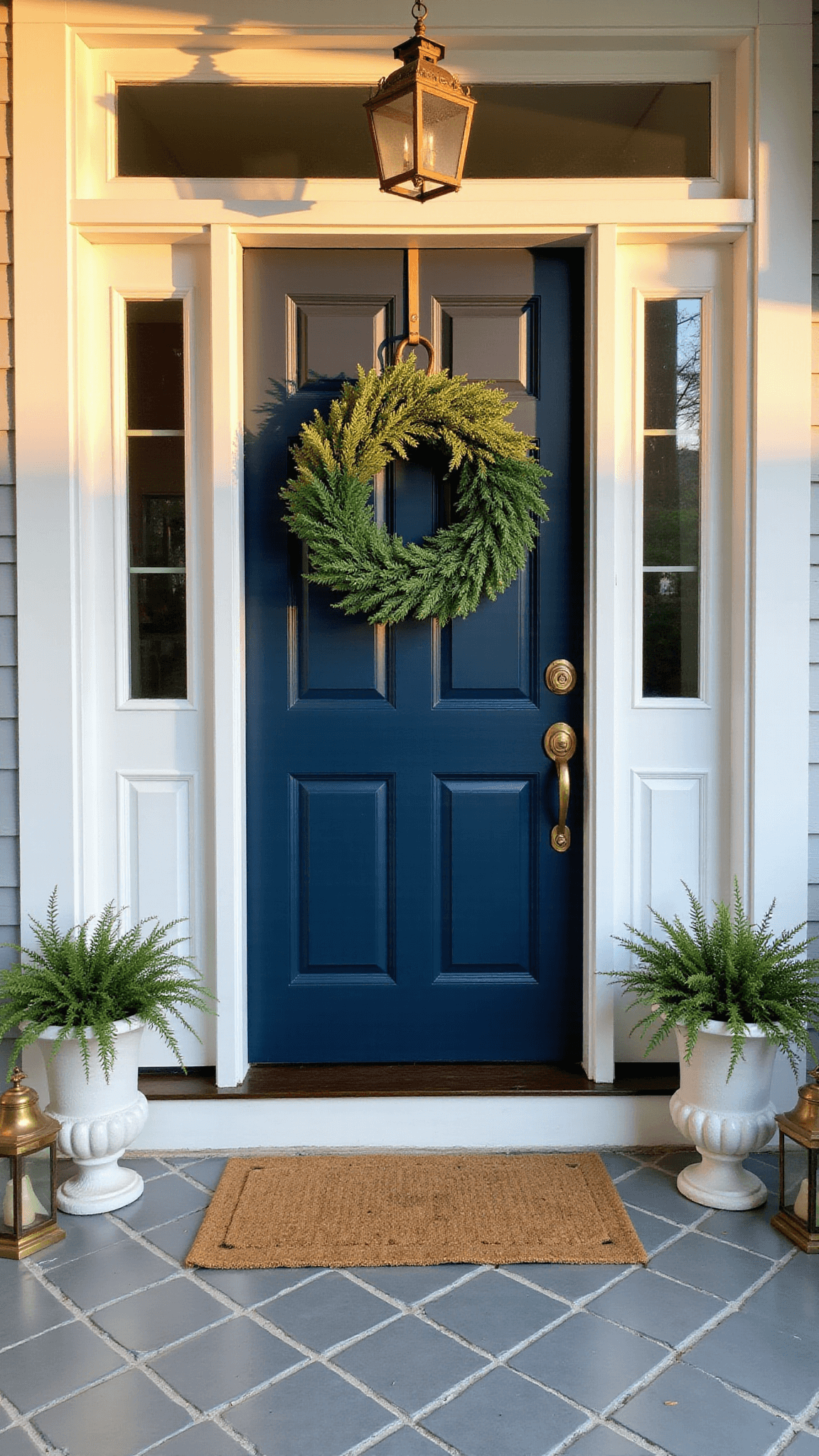 Navy blue wooden front door with boxwood wreath, brass lanterns, and white planters under warm golden hour light.