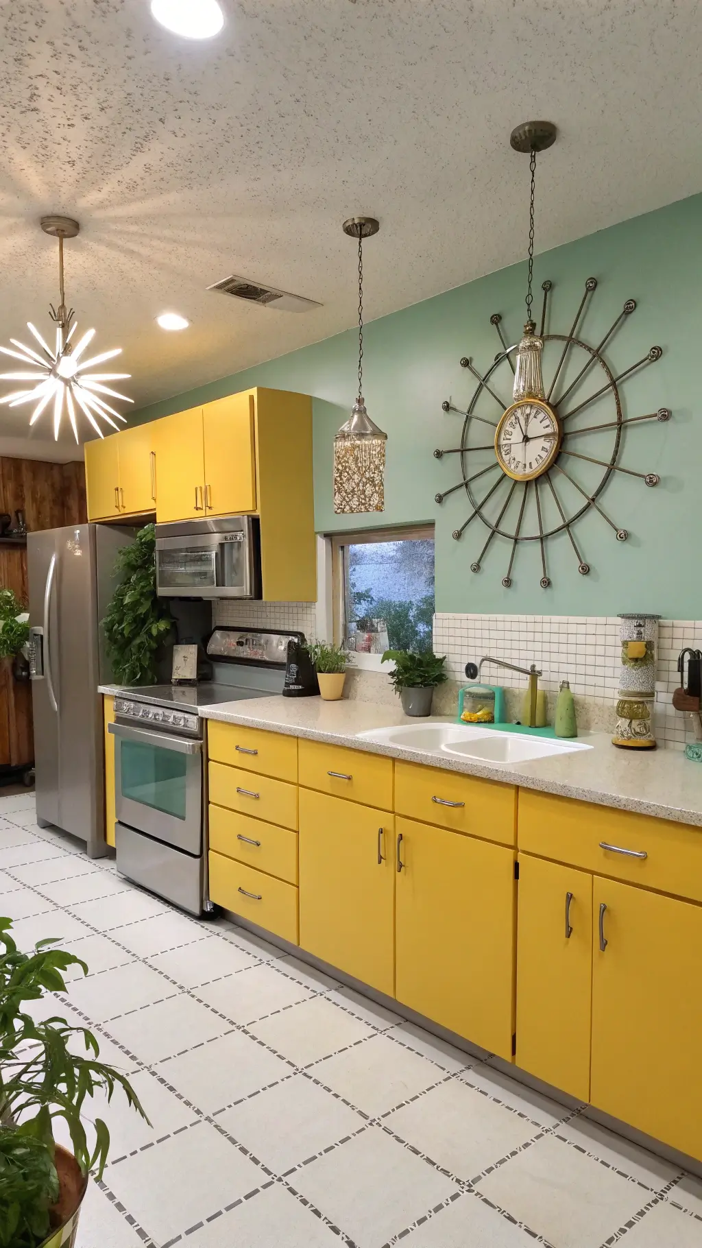 Mid-century inspired kitchen with yellow slab cabinets, mint green accent wall, white terrazzo flooring, globe pendant lights, formica counters and chrome appliances.