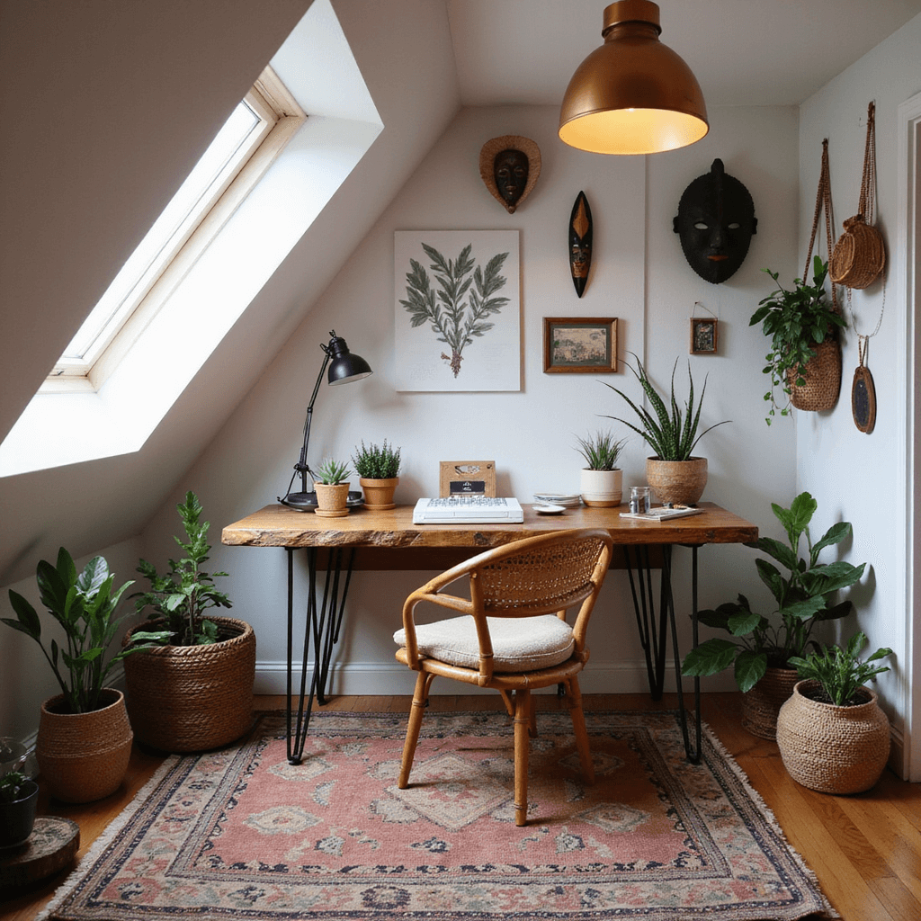 Bohemian attic workspace with raw wood desk, rattan chair, vintage rug, and eclectic wall décor under skylight.