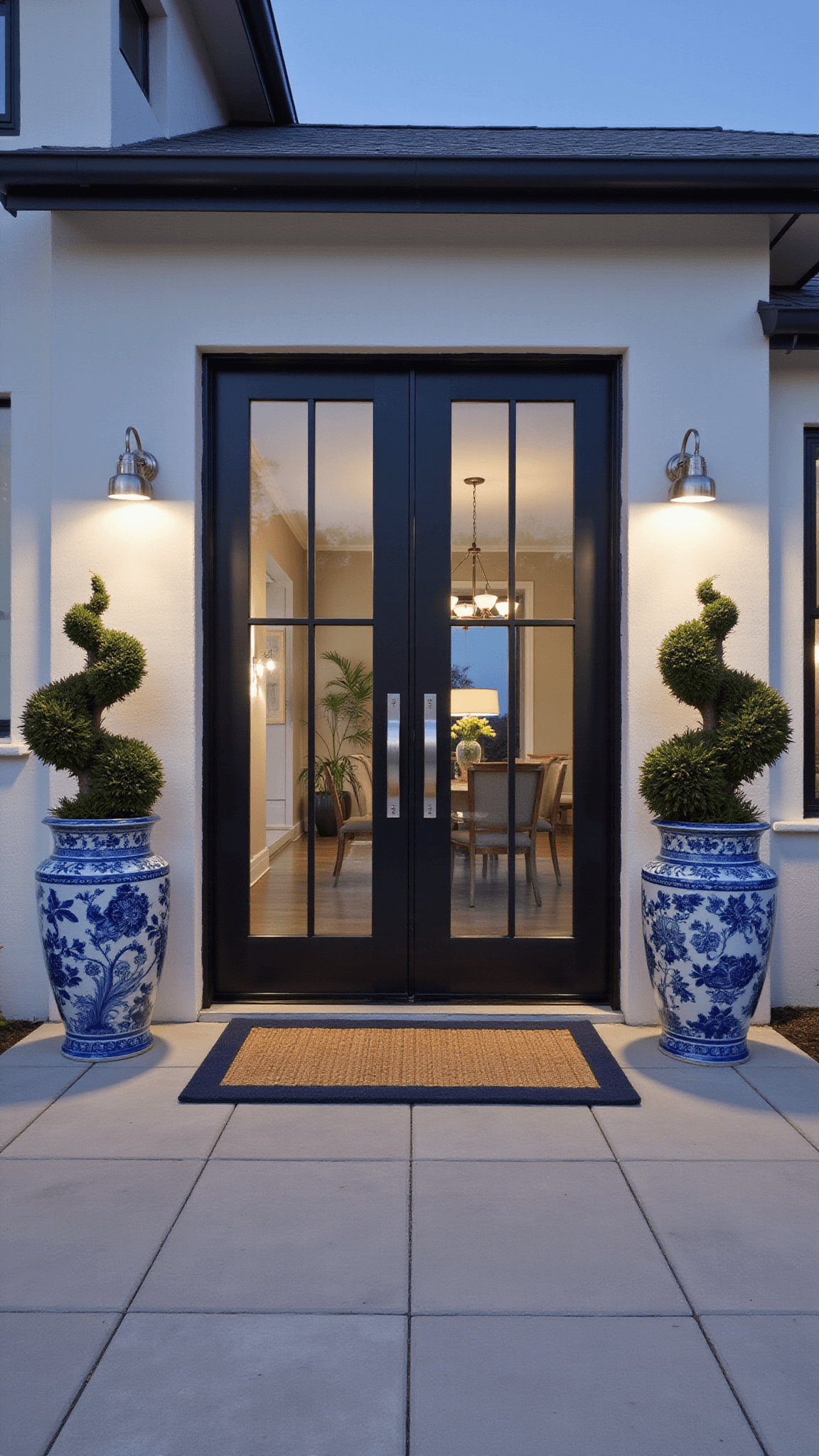 Contemporary coastal entrance at dusk with large glass and steel door, nickel handle, soft sconce lighting, chinoiserie planters with spiral topiaries, and woven doormat, viewed straight-on with telephoto lens.