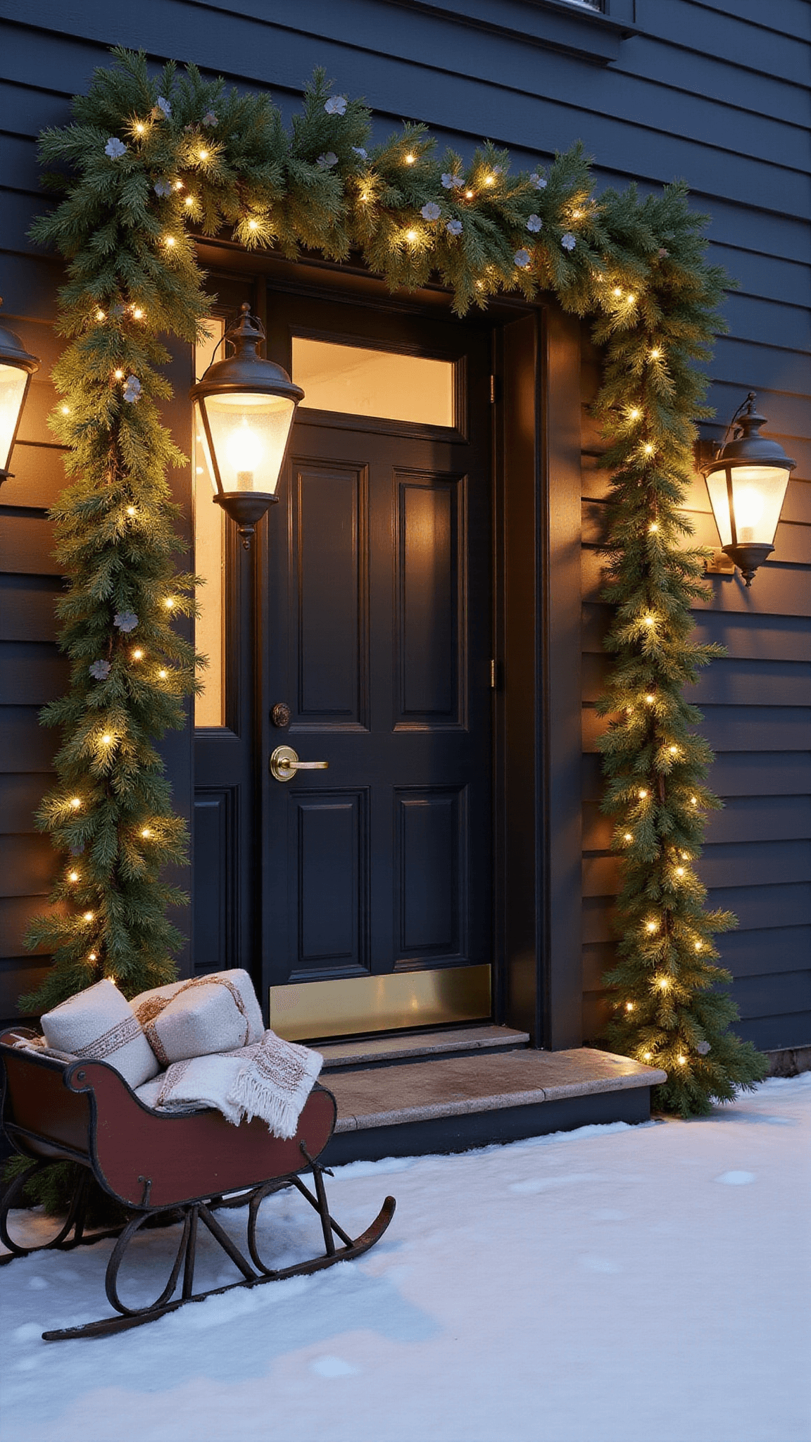 Winter twilight scene with a black paneled door framed by lit pine and eucalyptus garland, flanked by glowing brass lanterns, snow-covered ground, and a vintage sleigh filled with gifts and wool throws.