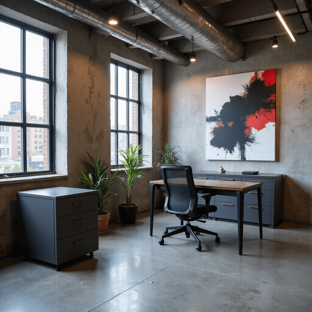 Modern industrial workspace with concrete floors, large windows, black steel desk, ergonomic chair, and abstract art.