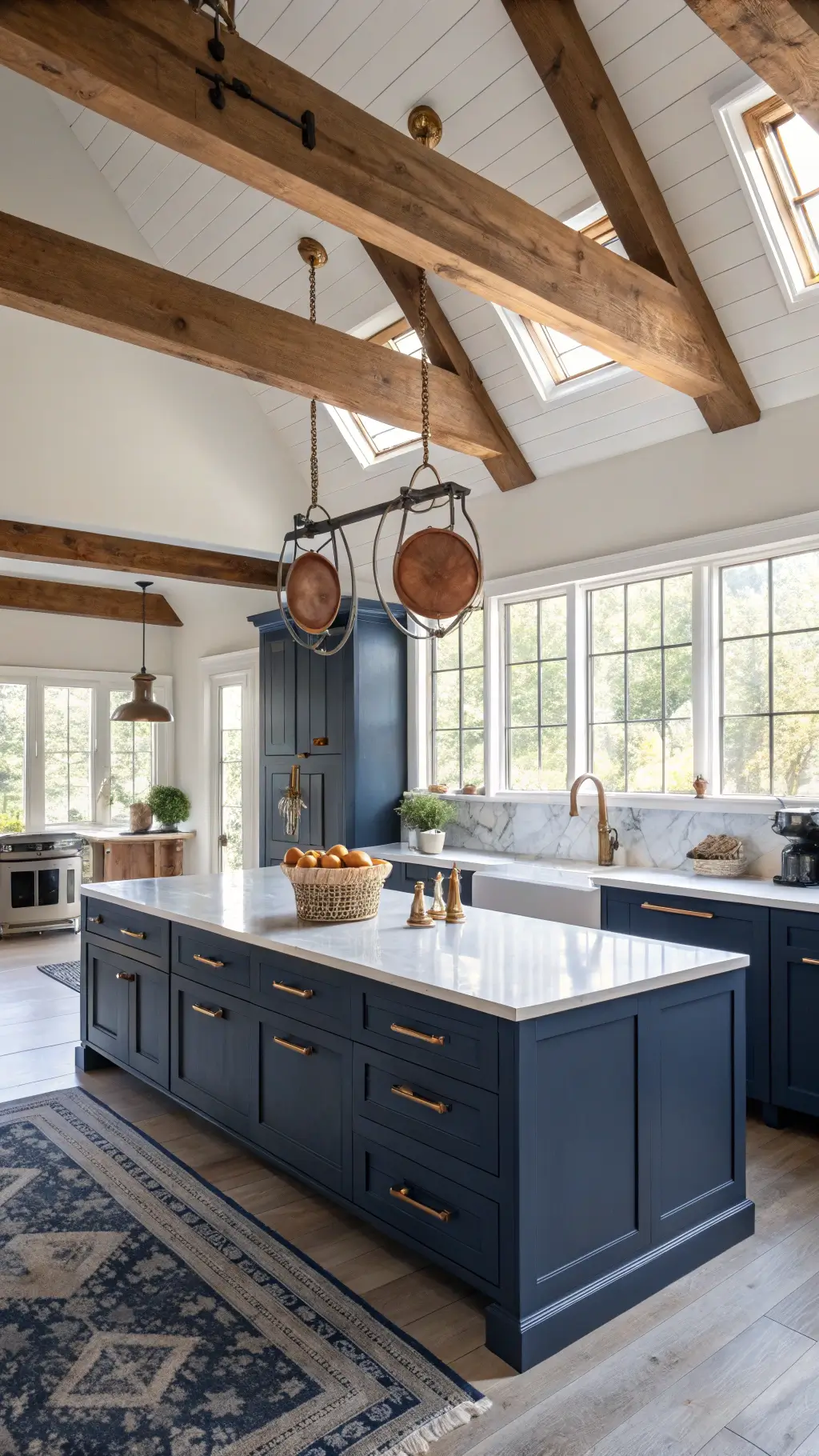 Spacious modern farmhouse kitchen with navy blue cabinets, white marble countertops, an oak butcher block island, vintage copper pots, professional appliances, and natural light from large windows.