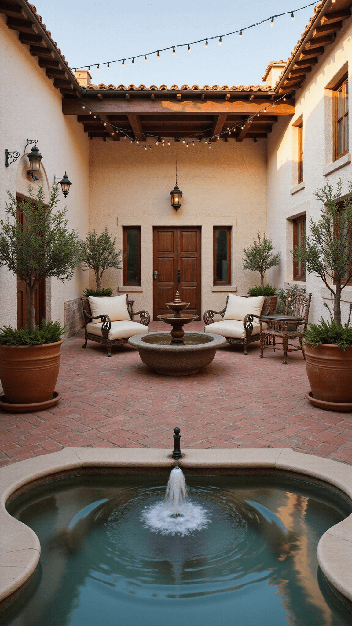Mediterranean-style courtyard at golden hour with central bronze fountain, potted olive trees, terracotta herringbone tiles, whitewashed walls, wrought iron furniture, and string lights under a wooden pergola.