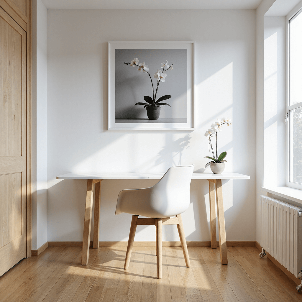 Minimalist 12x14ft office with bamboo floors, white walls, simple white desk, sculptural oak chair, large black and white artwork, orchid, and dramatic morning light shadows.