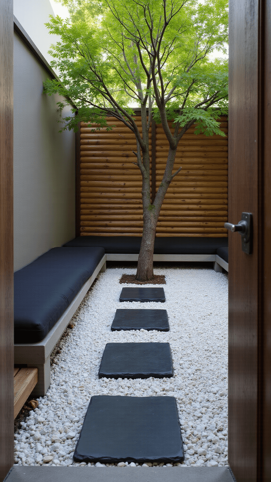 Low-angle view of a serene Zen courtyard at dawn featuring a sculptural Japanese maple with uplighting, floating black slate stepping stones over white pebbles, minimalist concrete benches with charcoal cushions, bamboo privacy screens, morning mist, and natural materials in deep greens and earth tones.