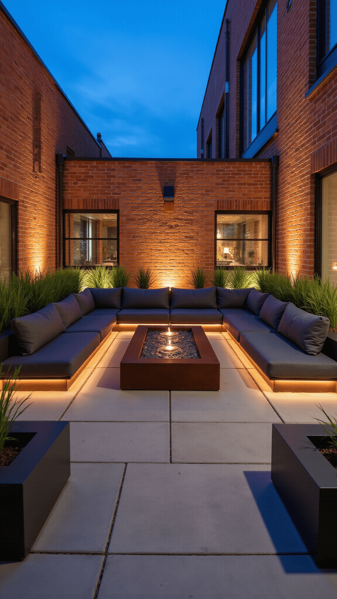 Modern urban courtyard at dusk with cor-ten steel water feature, LED-lit concrete pavers, charcoal sectional, and glass wind barriers, surrounded by architectural grasses in rectangular planters.