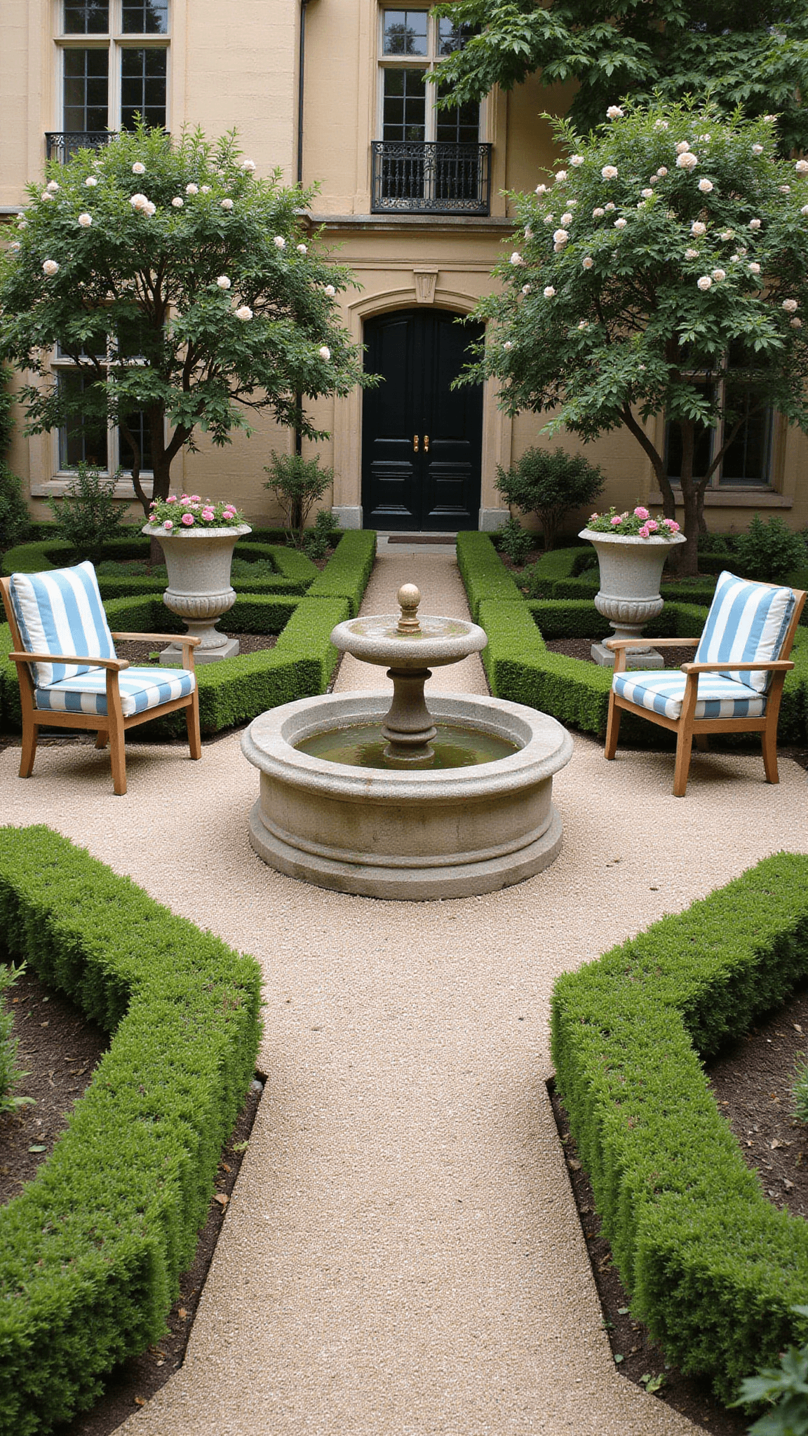 Elevated view of a formal English courtyard garden with boxwood parterre, central limestone fountain, teak furniture with blue-striped cushions, trellises of climbing roses, and stone urns overflowing with flowers.