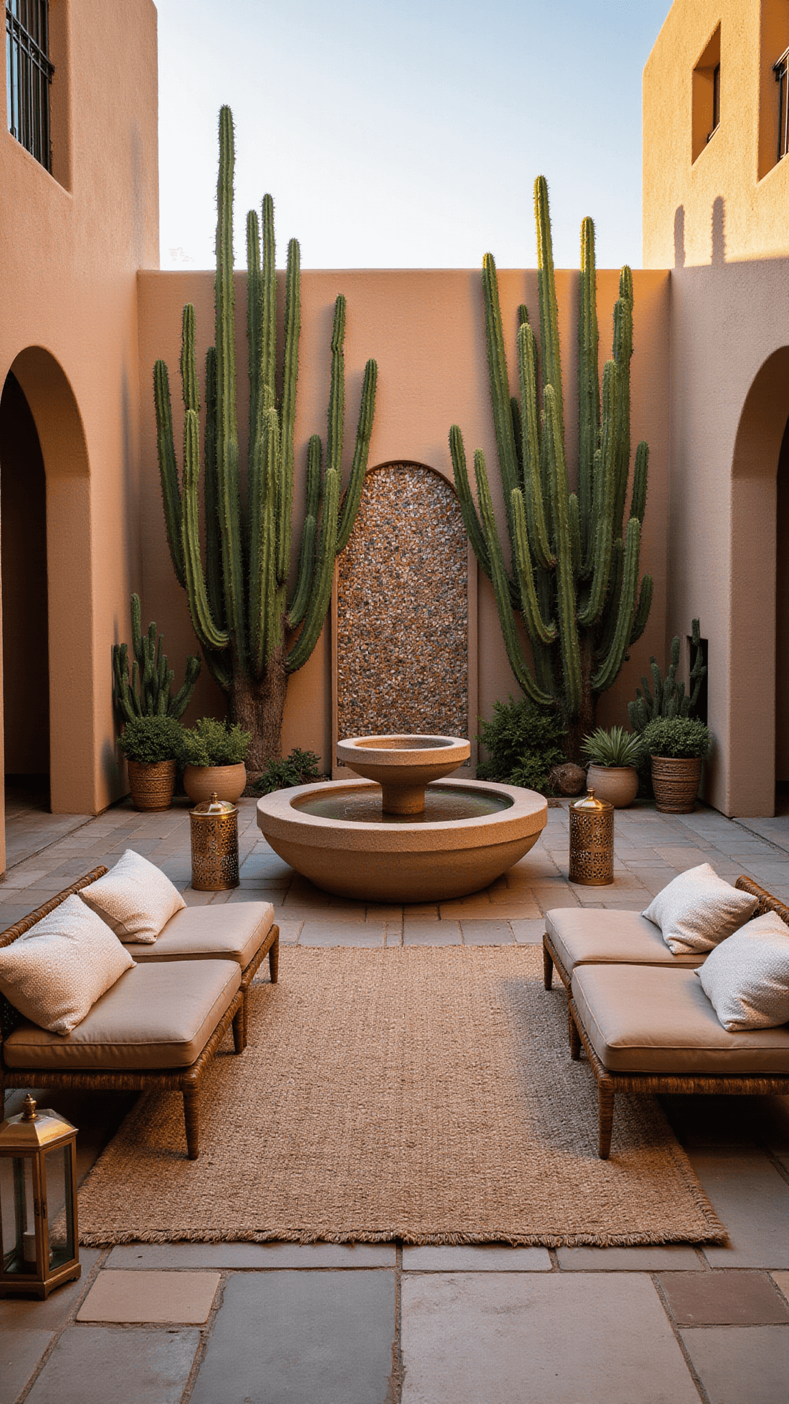 Bohemian desert courtyard at sunset with tall cacti, mosaic tile fountain, rattan seating, layered rugs, and brass lanterns casting long shadows.