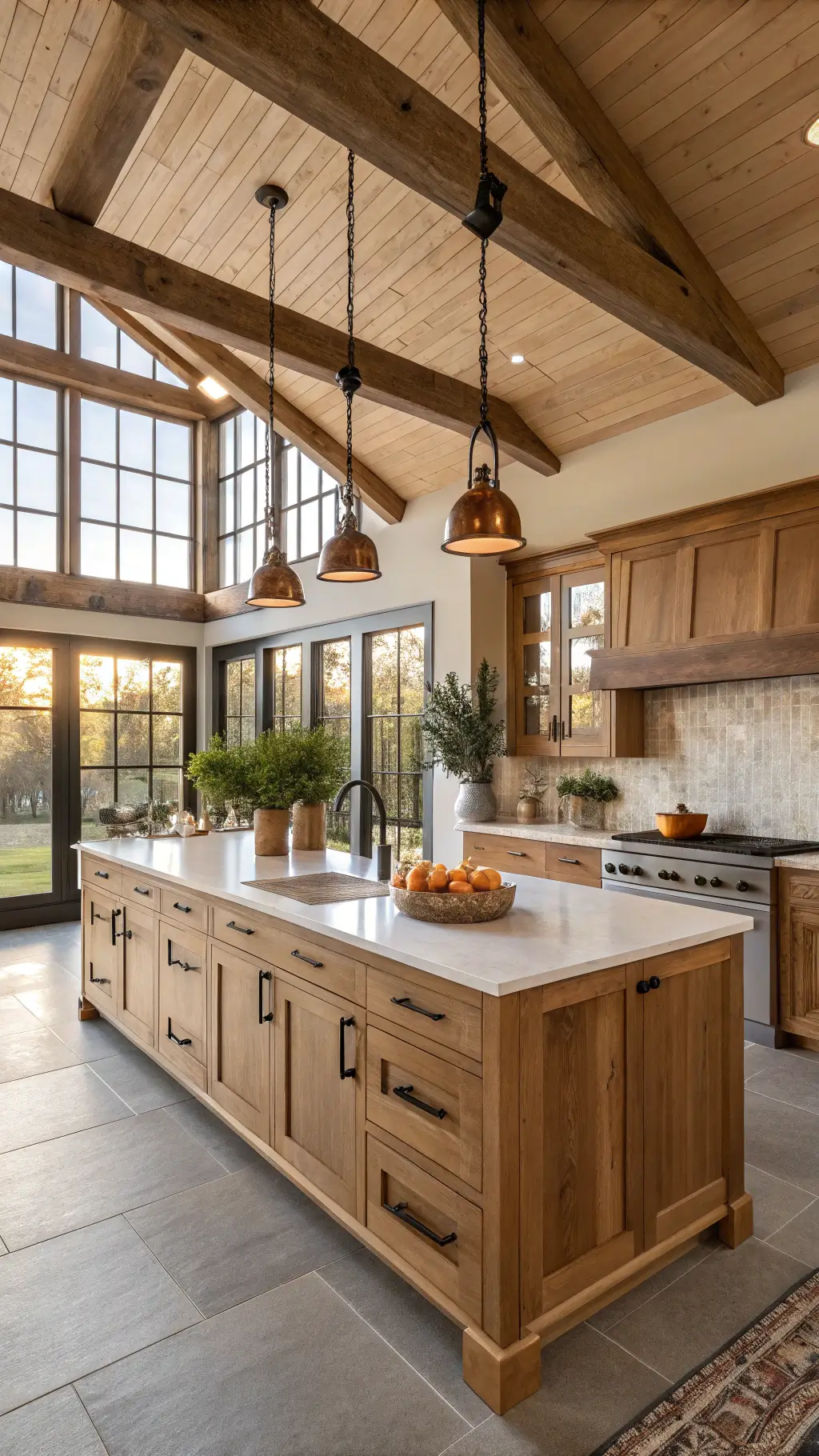 Spacious modern farmhouse style kitchen with oak cabinets, large windows, and center island during golden hour.
