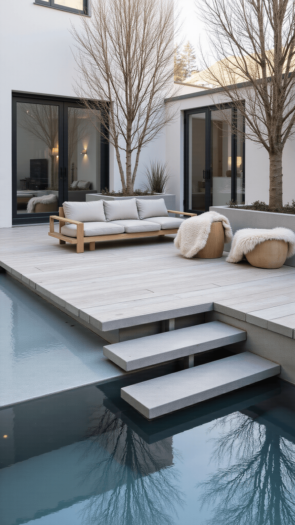 High-angle view of a contemporary Nordic courtyard with floating concrete steps over a reflecting pool, pale wooden deck with built-in seating, birch trees in minimalist planters, and soft morning light highlighting clean lines and icy-toned textures.