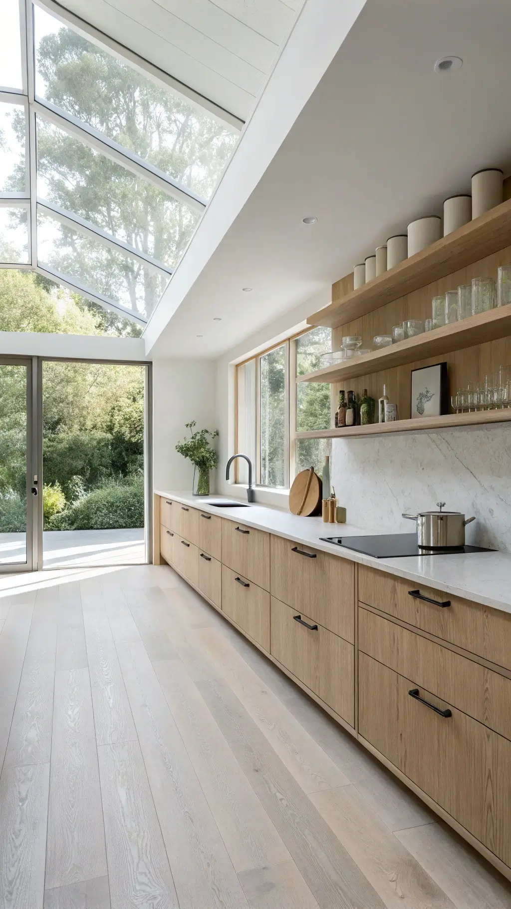 Bright Scandinavian kitchen with white oak cabinets, concrete countertops, and brass hardware flooded with morning light from floor-to-ceiling windows