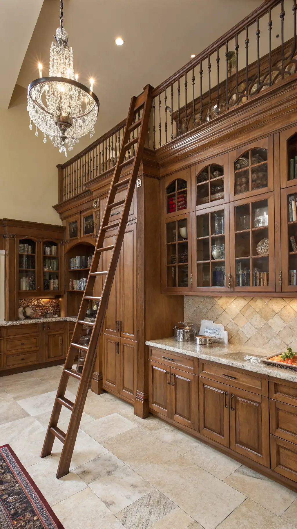Double-height traditional oak kitchen with floor-to-ceiling cabinets, rolling ladder, marble countertops, antique copper cookware, and a crystal chandelier captured from an elevated position on the second floor.