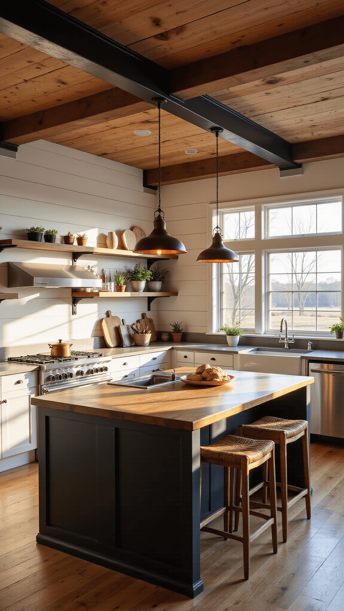 Barndominium kitchen at golden hour with reclaimed wood island, copper pendant lights, professional appliances, and warm rustic-industrial details.