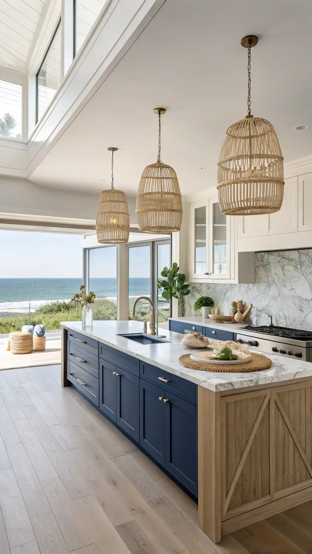 Airy kitchen with bleached oak cabinets, navy island, Carrara marble counters, rattan lights and ocean view through floor-to-ceiling windows
