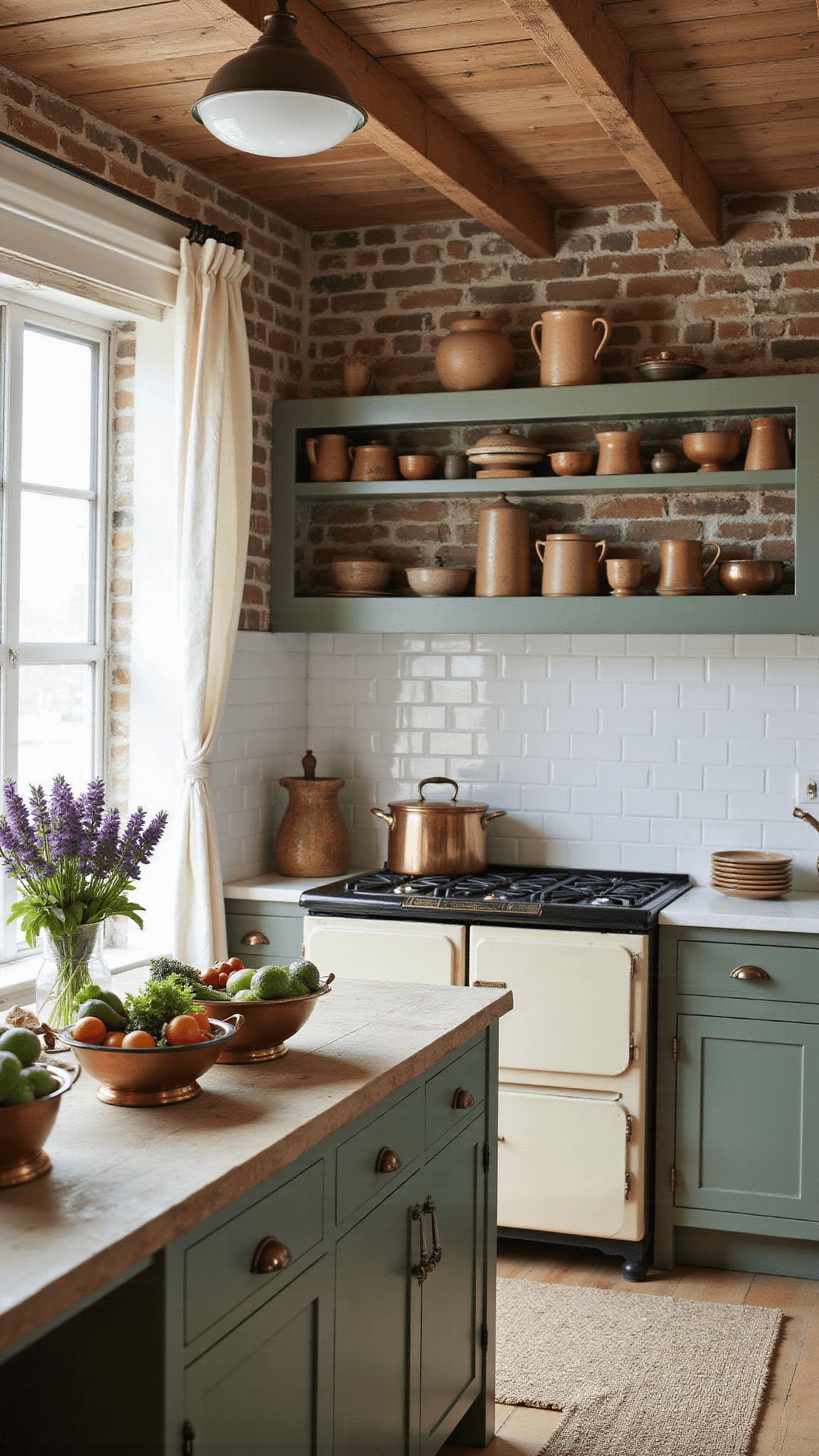 Cozy kitchen with vintage cream stove, sage green cabinets, exposed brick, and morning light highlighting copper pots and rustic textures.