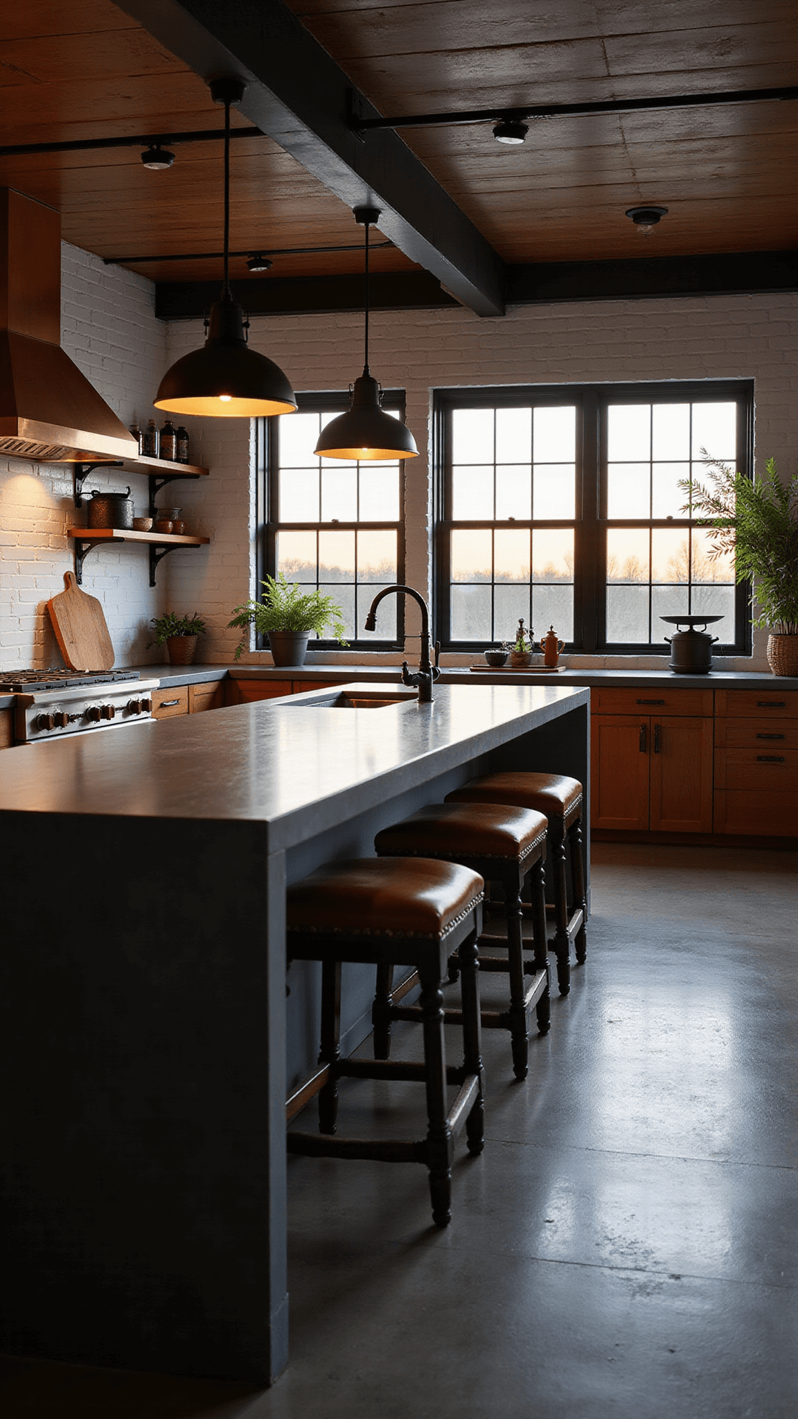 Moody dusk kitchen with concrete island, copper hood, black steel windows, layered lighting, and industrial decor.