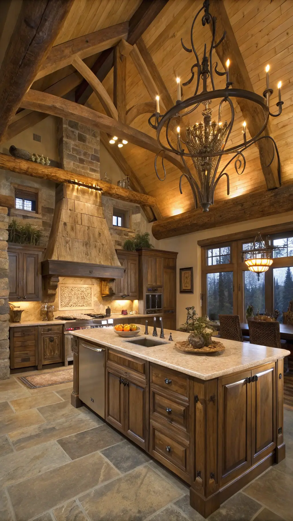Rustic kitchen in Mountain Oak Retreat with distressed oak cabinets, stone hearth, antler chandelier, and exposed timber trusses in warm lighting