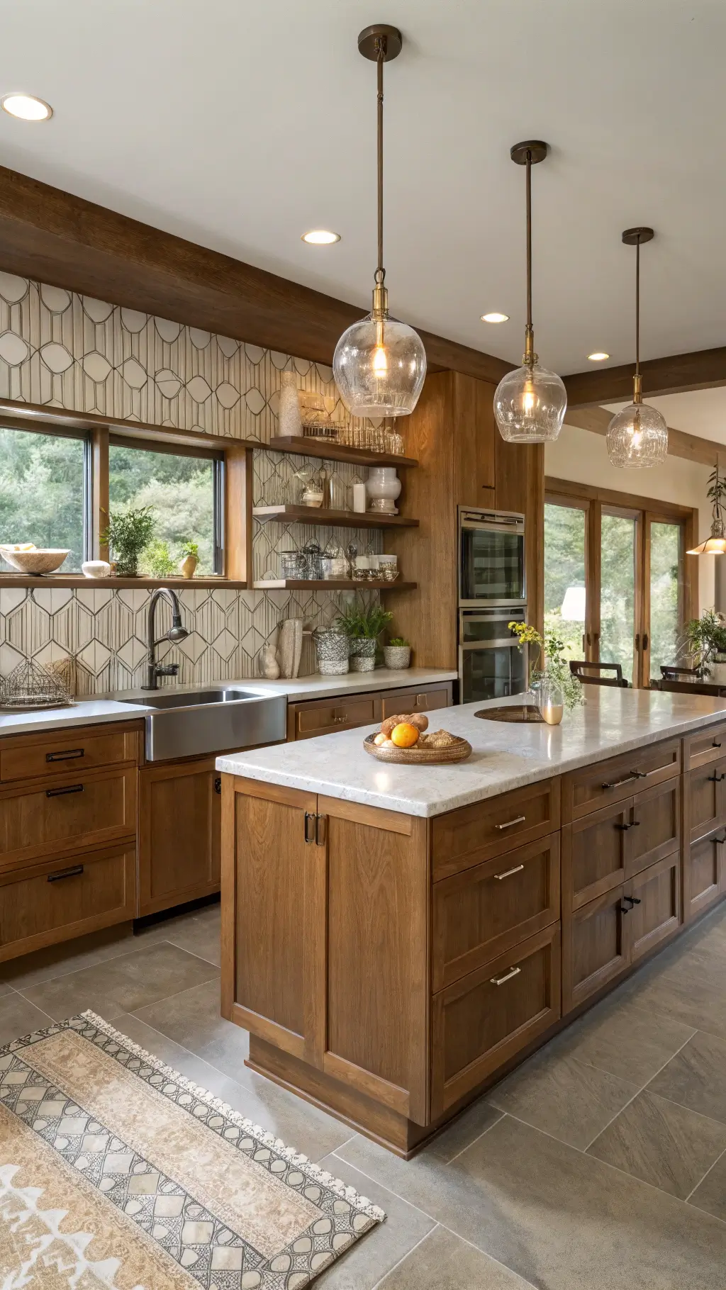 Mid-century style open concept kitchen with quarter-sawn oak cabinets, geometric tile backsplash, walnut and brass accents, pendant lights, vintage barware, and ceramics, lit by late afternoon side lighting to highlight wood grain.