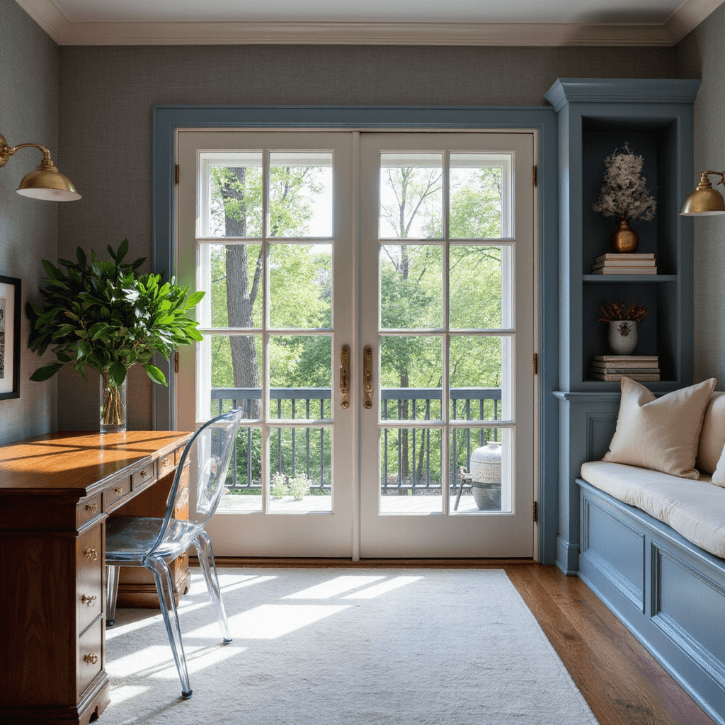 Transitional 14x16ft home office with cherry desk, lucite chair, and garden-view French doors; blue and cream décor, grasscloth wallpaper, brass lights, and window seat with ivory cushions in afternoon light.