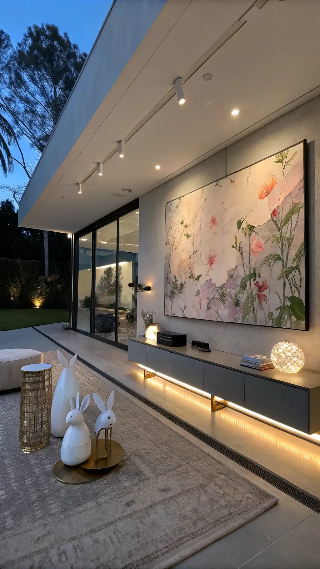 Contemporary living room at twilight with oversized pastel floral canvas, brass geometrical decor, modern rabbit sculptures, and captivating LED tape lighting effect, photographed from a low angle.