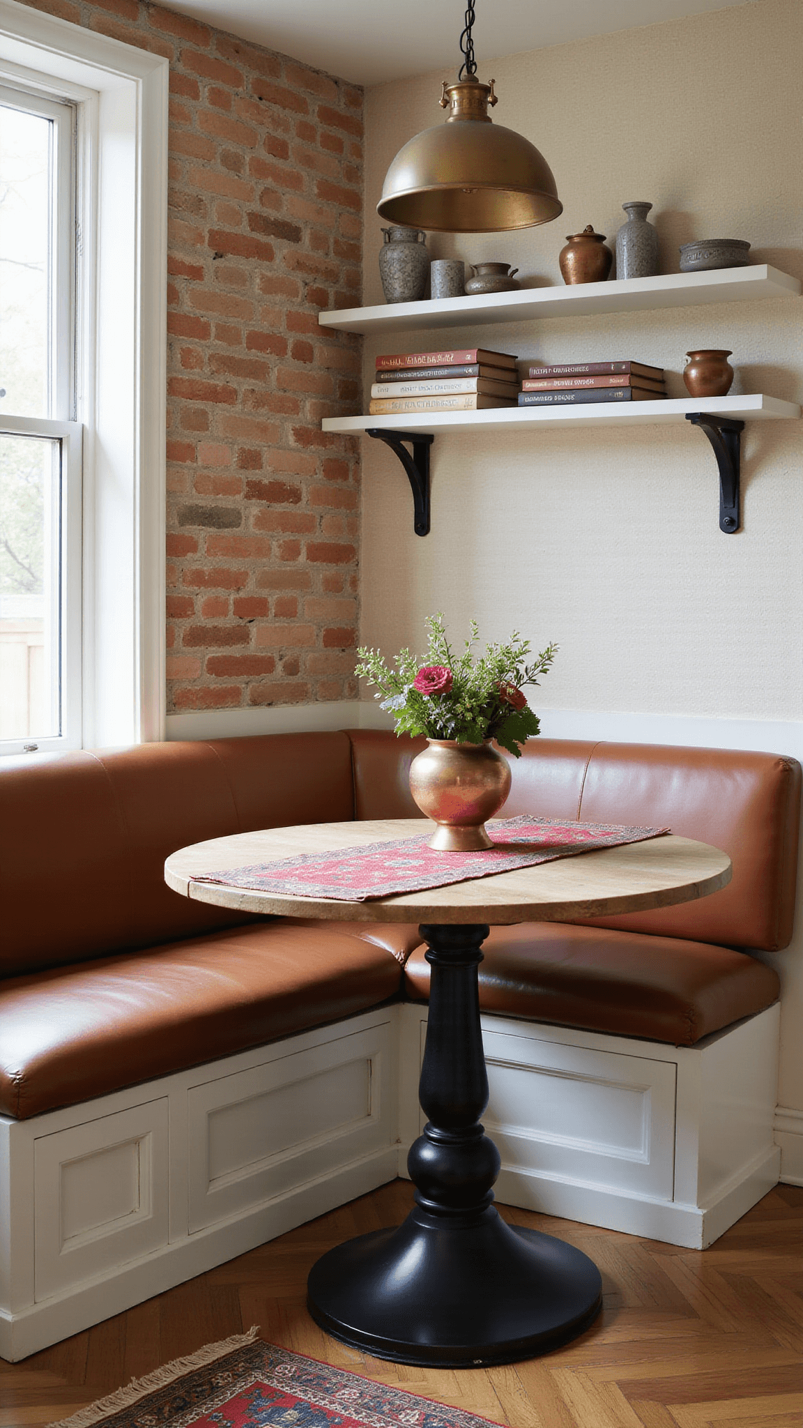 Breakfast nook with cognac leather banquette, round oak table, and brass pendant, set against brick wall and window during blue hour, with vintage cookbooks, copper vessel of flowers, and warm textures.