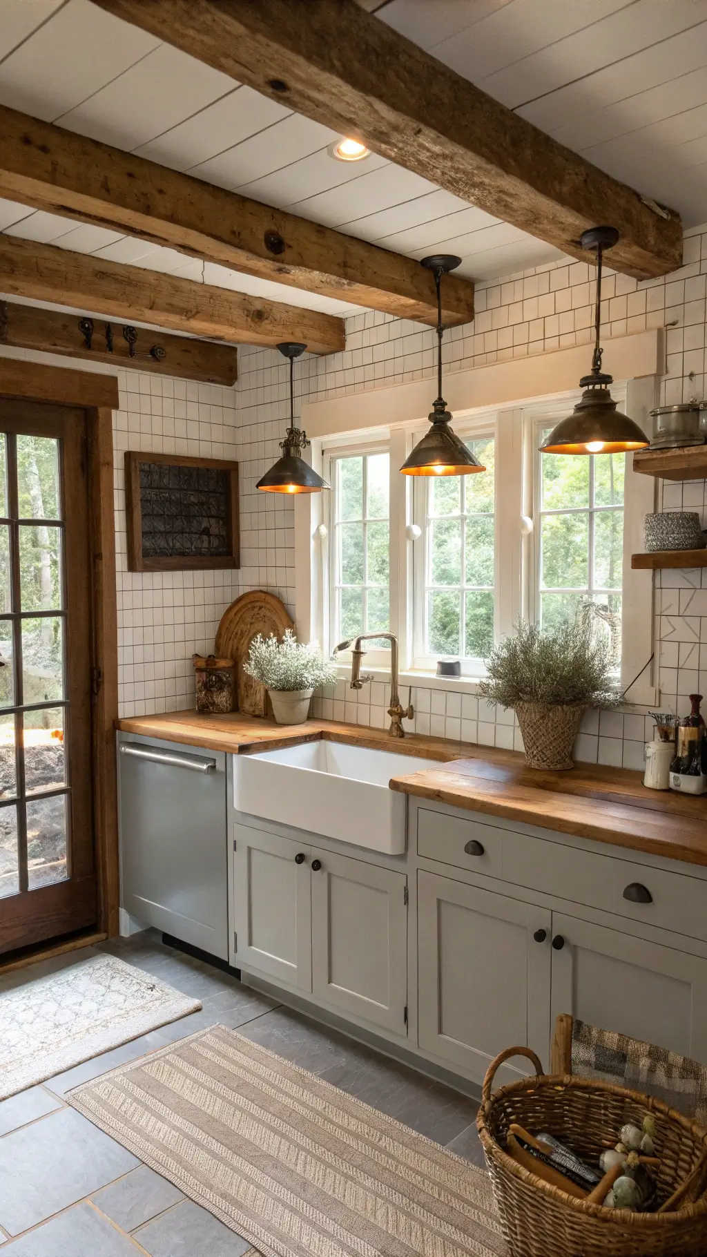 Cozy 10x14ft country kitchen with gray shaker cabinets, butcher block countertops, white subway tile backsplash, brass hardware, and industrial pendant lighting, featuring rustic accents like woven baskets and pottery.