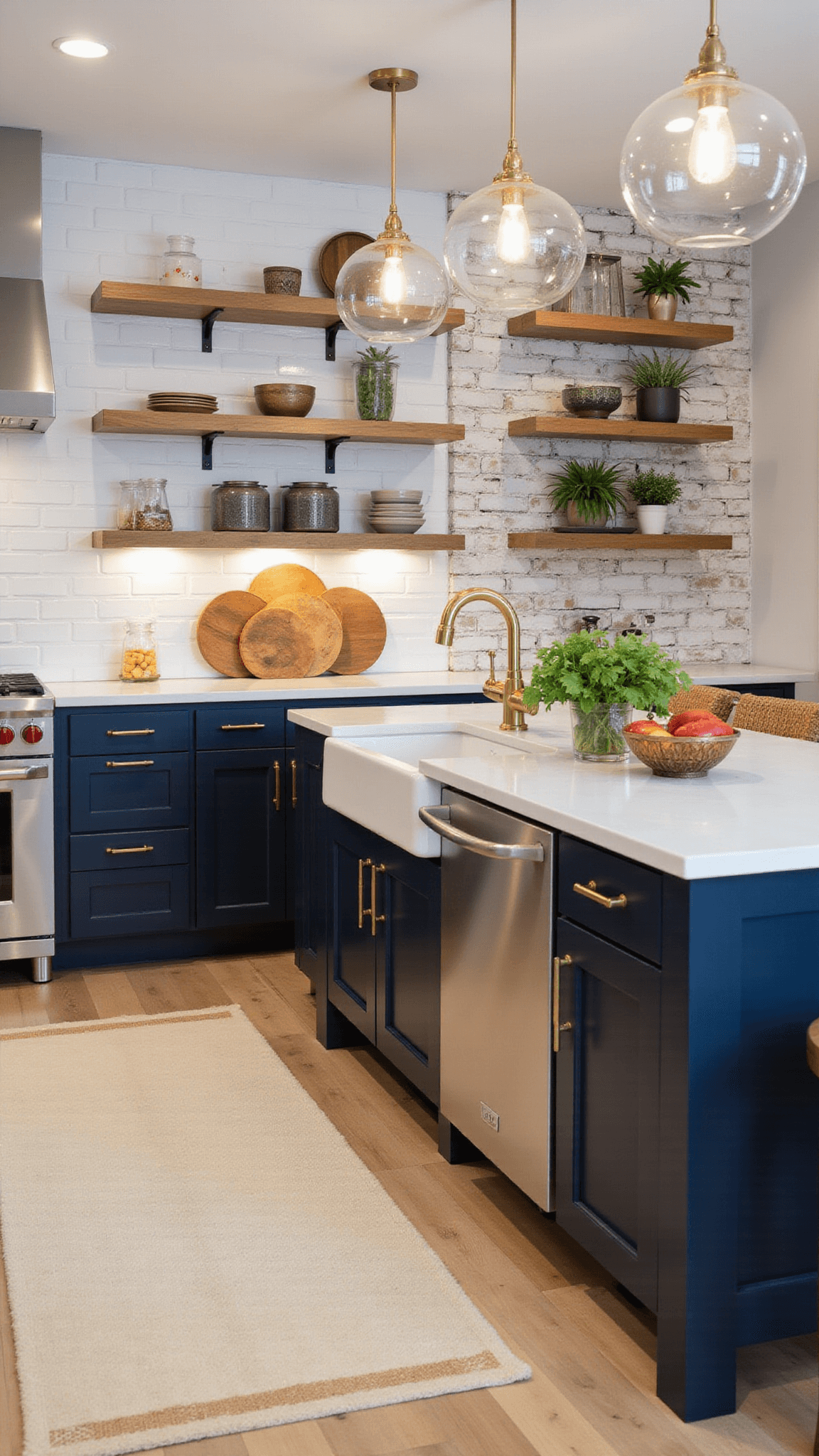 Twilight kitchen with waterfall quartz island, glass pendant lights, navy cabinets with brass hardware, stainless appliances, oak shelves on whitewashed brick, and warm ambient lighting.