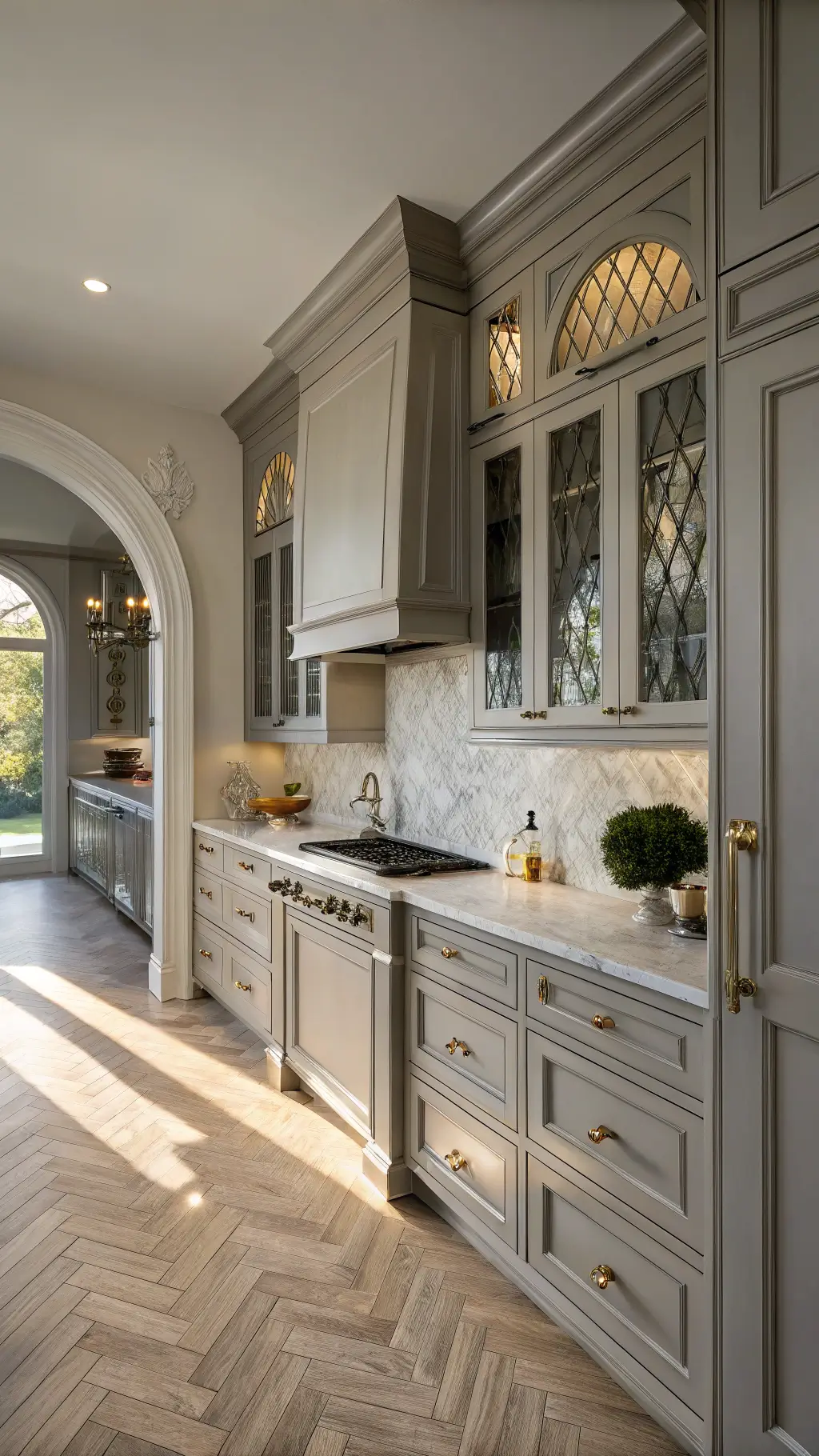 Elegant transitional kitchen featuring warm gray cabinets, Calacatta marble countertops, herringbone wood floors, and mixed metals under soft box lighting and afternoon shadows.