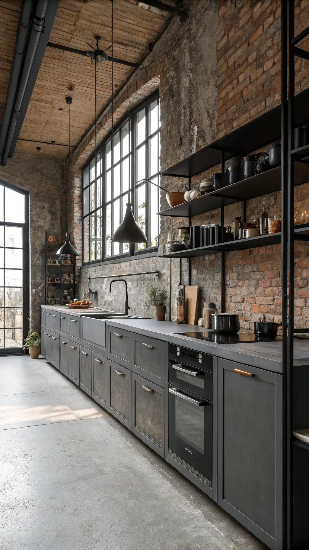 Loft kitchen in industrial style with exposed brick wall, steel-gray cabinets, concrete countertops, factory-style windows, open shelving, vintage pendants, and dramatic side lighting.