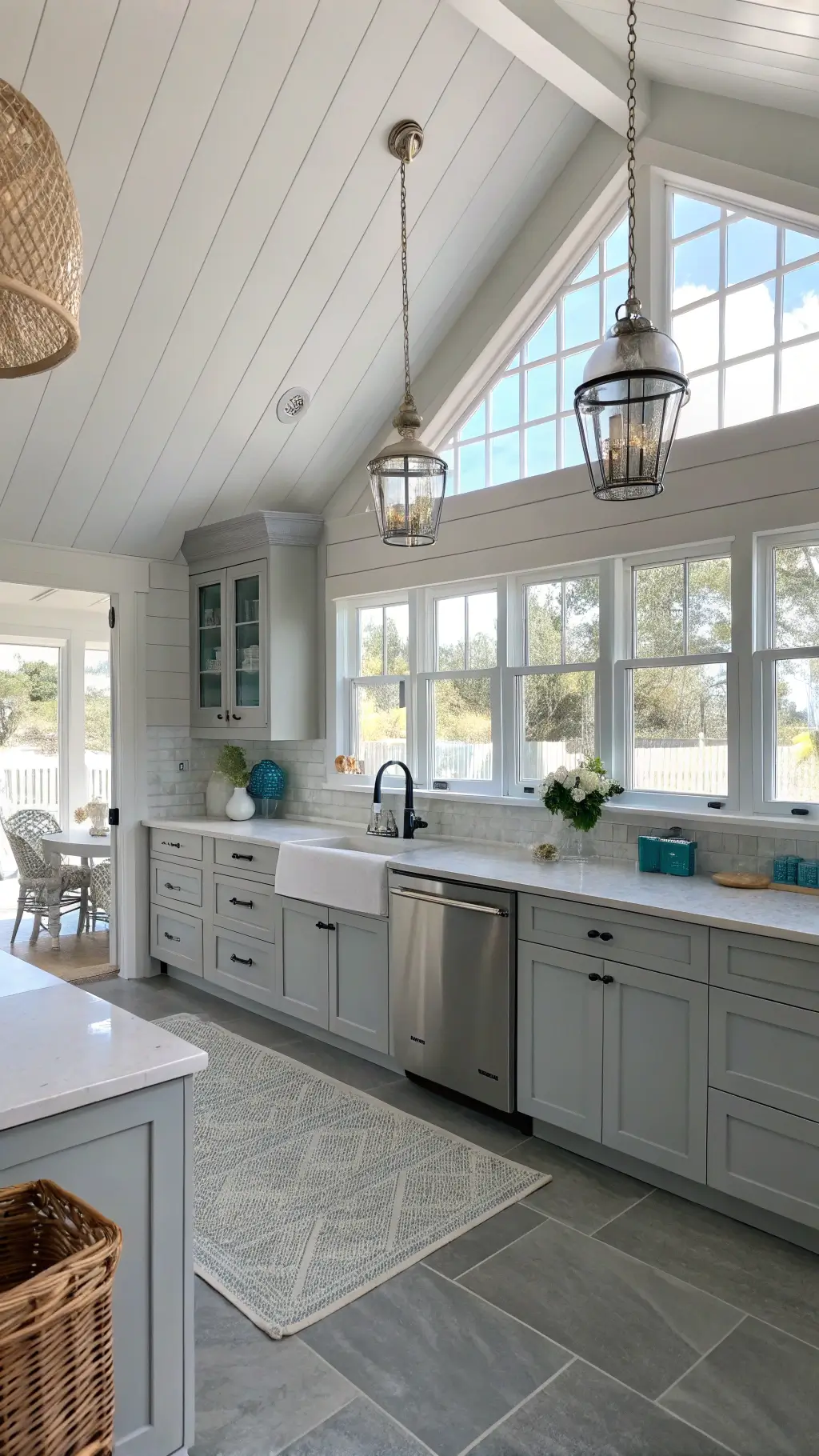 Light-filled beach house kitchen with vaulted ceiling, gray cabinets, white quartz counters, and natural fiber pendant lights, with pale blue accents, connected with outdoors.