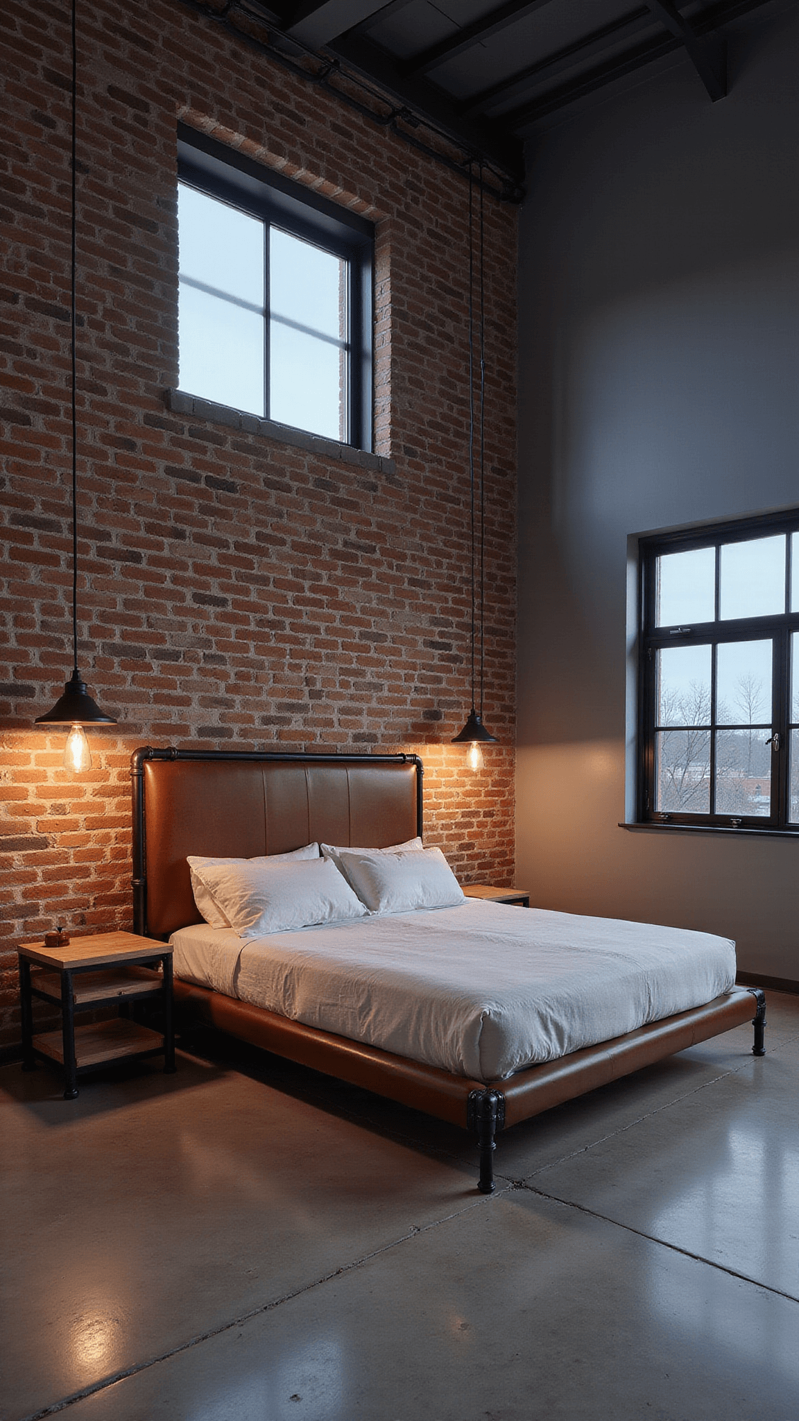 Industrial chic barndominium bedroom at dusk with exposed brick walls, black steel windows, leather headboard, reclaimed wood nightstands, and vintage pendant lighting highlighting rich textures.