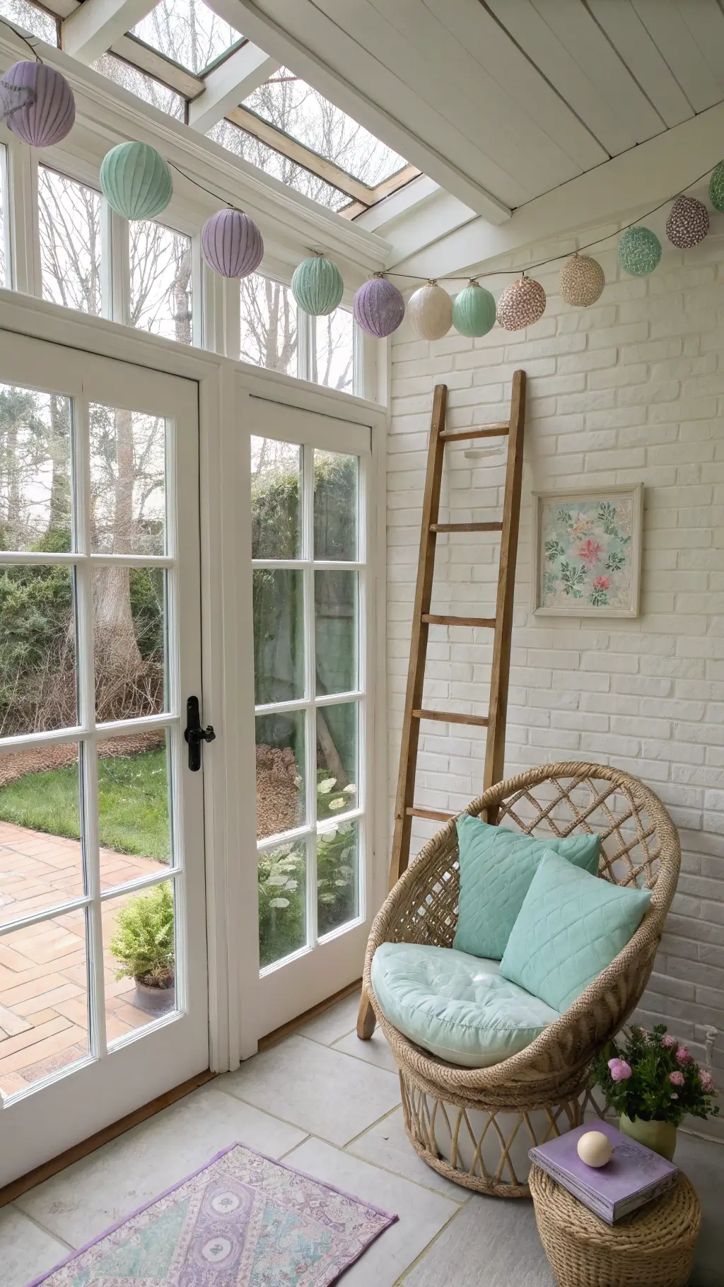 Sunroom with garden view framed by French doors, decorated with vintage ladder displaying pastel paper egg garlands; rattan peacock chair with mint green and lavender pillows against a white brick wall.