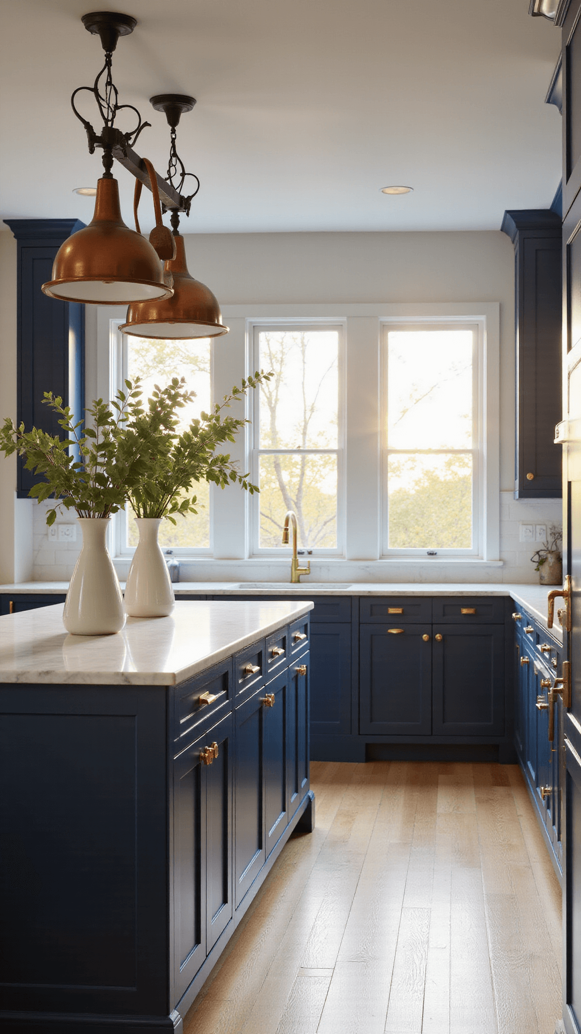 Modern coastal kitchen with navy blue shaker cabinets, Carrara marble countertops, and brass hardware, warmly lit by golden hour sunlight through floor-to-ceiling windows.