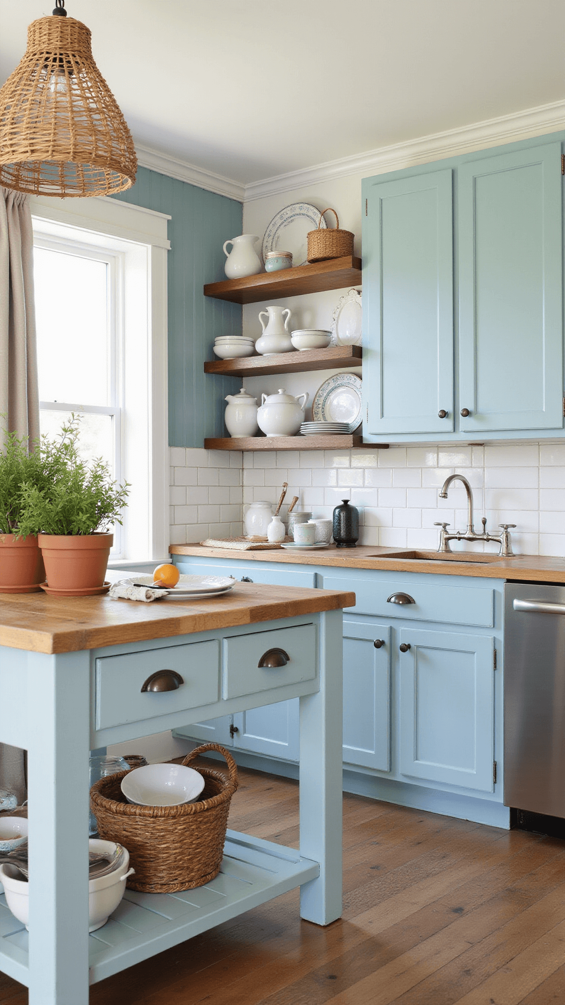 Powder blue farmhouse kitchen with beadboard cabinets, white subway tile backsplash, butcher block island, open shelves with vintage pottery, and woven pendant lights in soft morning light.