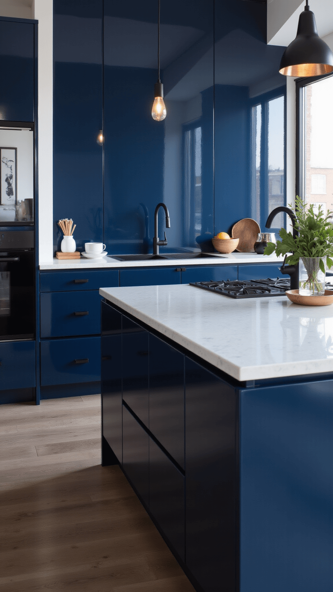 Vertical shot of tall midnight blue glossy kitchen cabinets with white quartz countertops, matte black fixtures, and copper pendant light in modern loft.