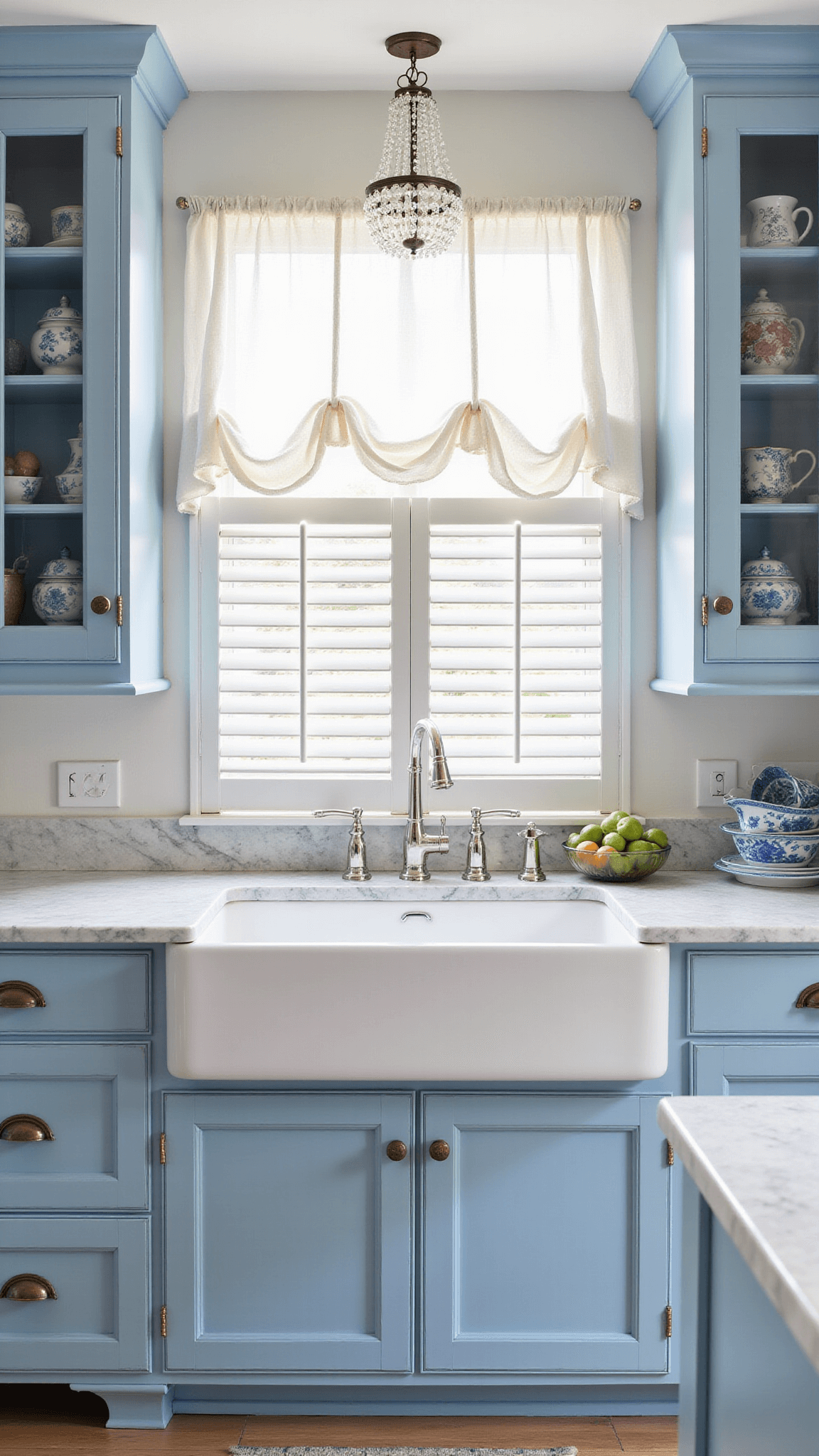Corner view of vintage-inspired sky blue kitchen with glass-front cabinets, farmhouse sink under window with cafe curtains, and crystal chandelier over marble island in morning light.