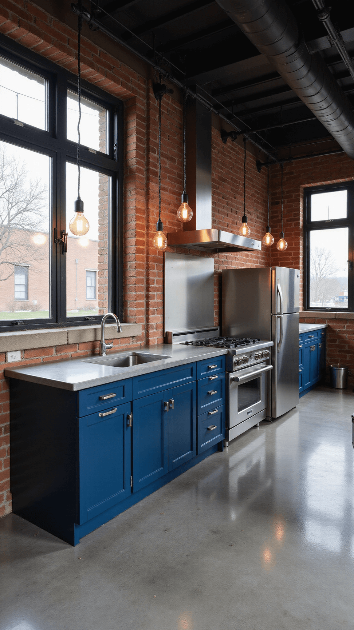 Moody industrial-style kitchen with navy cabinets, exposed brick wall, polished concrete floors, stainless appliances, and warm Edison bulb lighting.