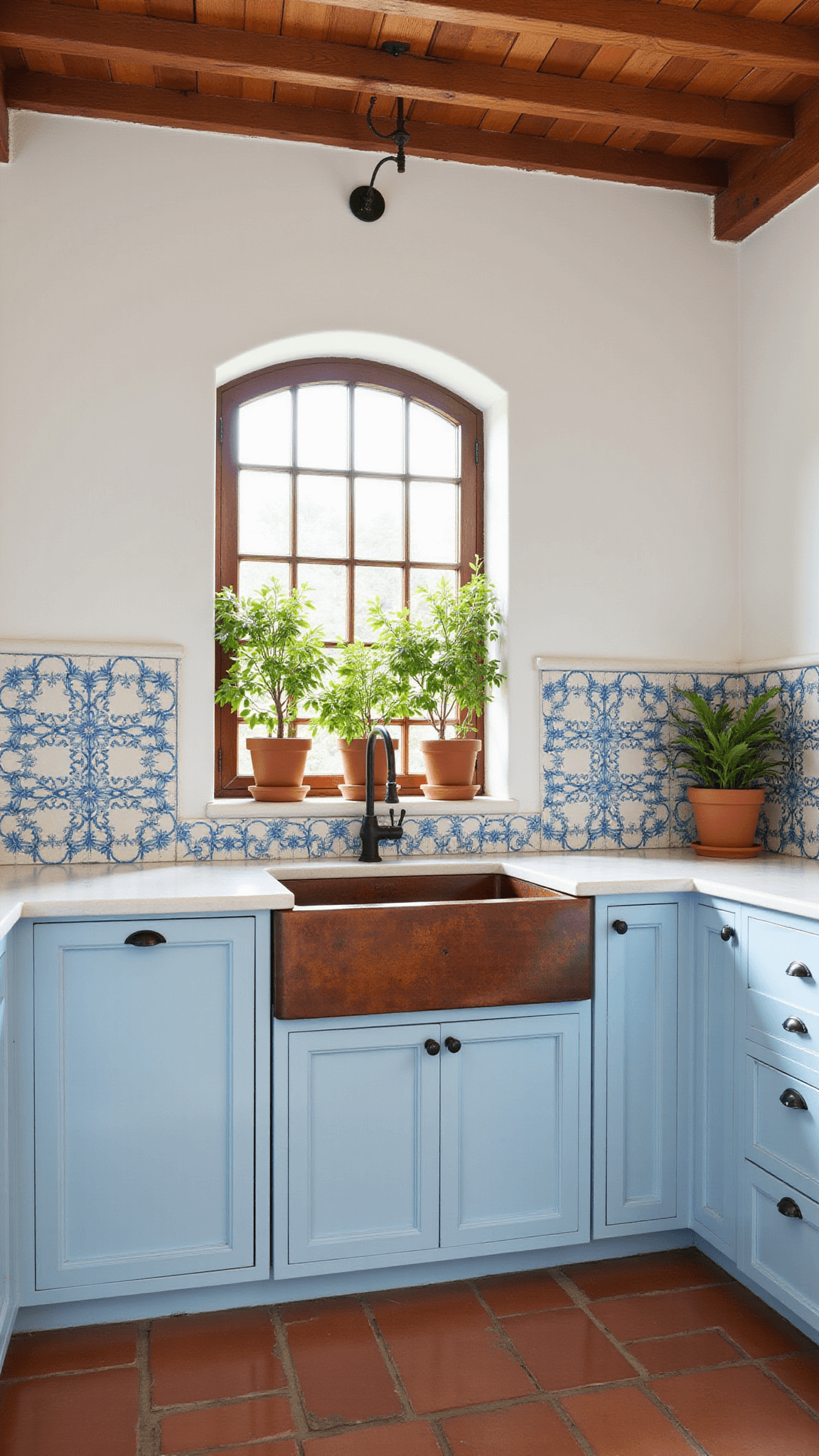 Mediterranean-style kitchen with cornflower blue cabinets, terracotta floors, arched window above copper sink, hand-painted blue and white tile backsplash, wooden ceiling beams, and potted lemon trees on the windowsill.