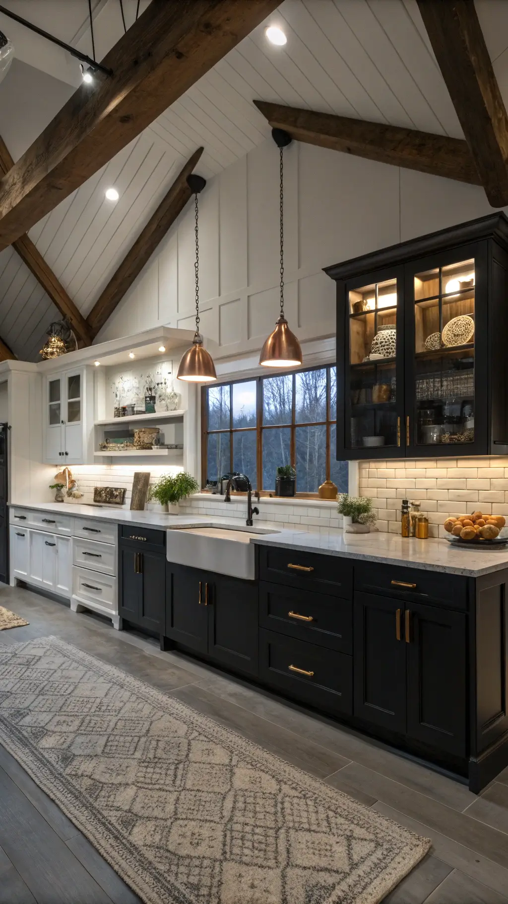 Modern farmhouse kitchen with black lower and white upper cabinets, copper pendants, pewter pulls, white oak open shelving, and vintage collections under strategic accent lighting during blue hour.